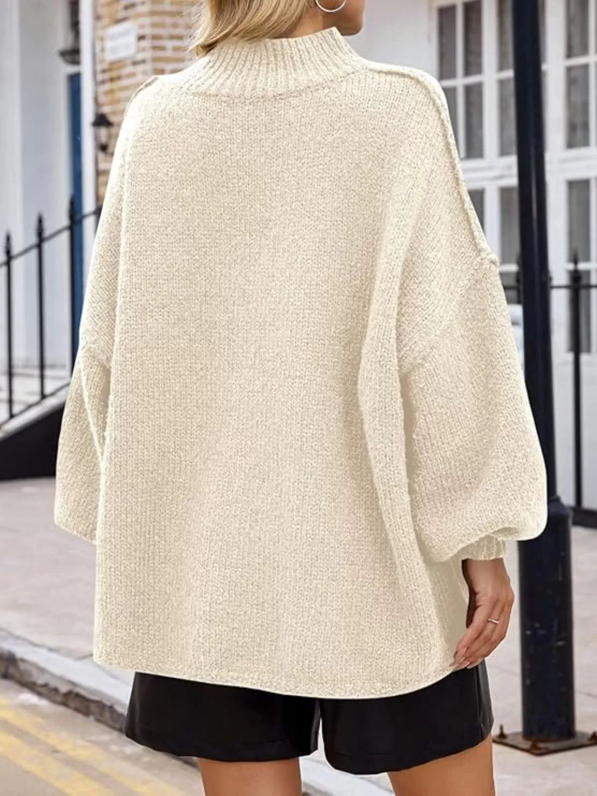Solid Round Neck Oversized Mock Neck Batwing Sweater Fall Trendy