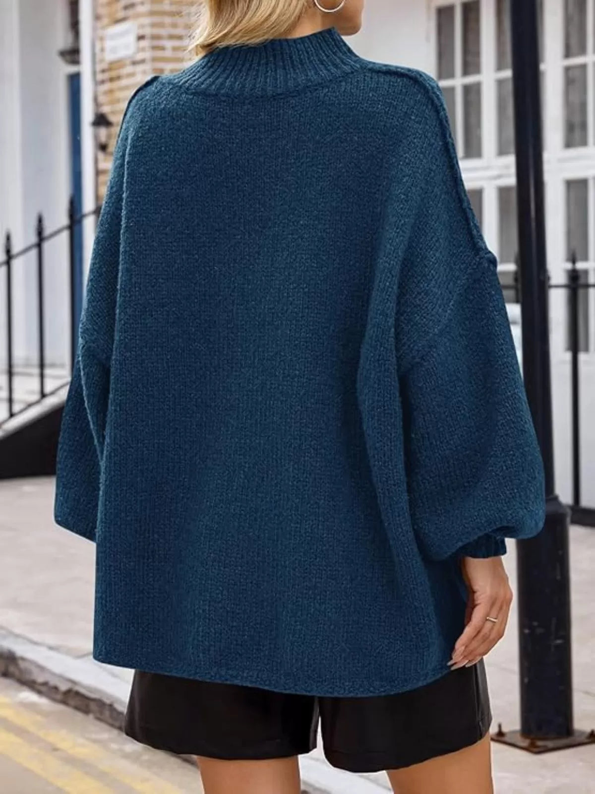 Solid Round Neck Oversized Mock Neck Batwing Sweater Fall Trendy