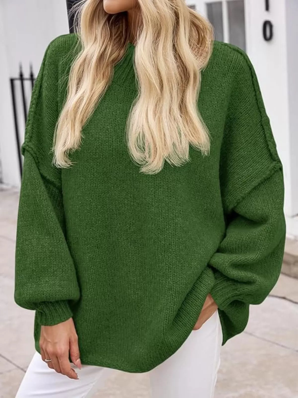 Solid Round Neck Oversized Mock Neck Batwing Sweater Fall Trendy