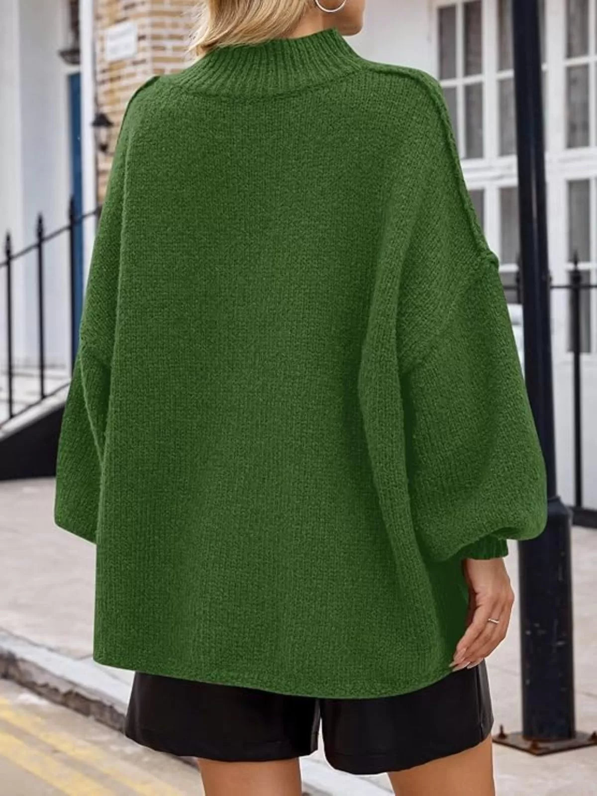 Solid Round Neck Oversized Mock Neck Batwing Sweater Fall Trendy