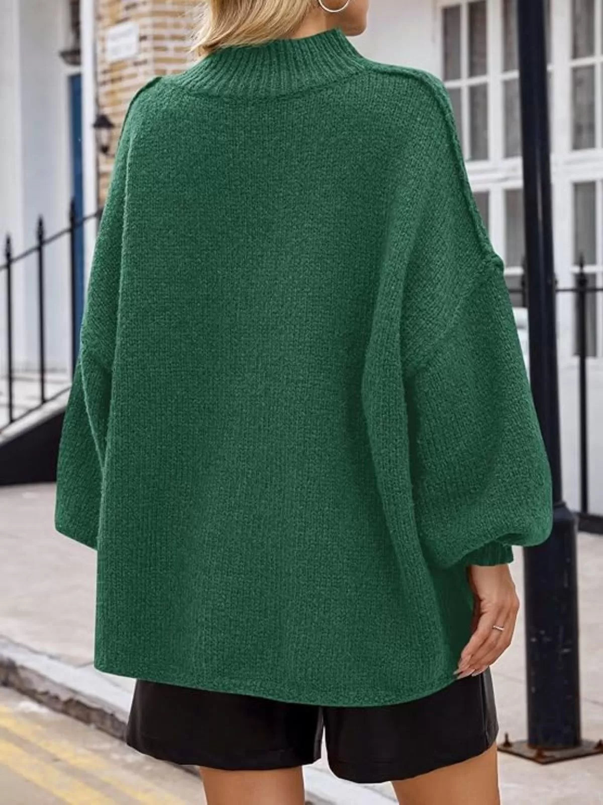 Solid Round Neck Oversized Mock Neck Batwing Sweater Fall Trendy