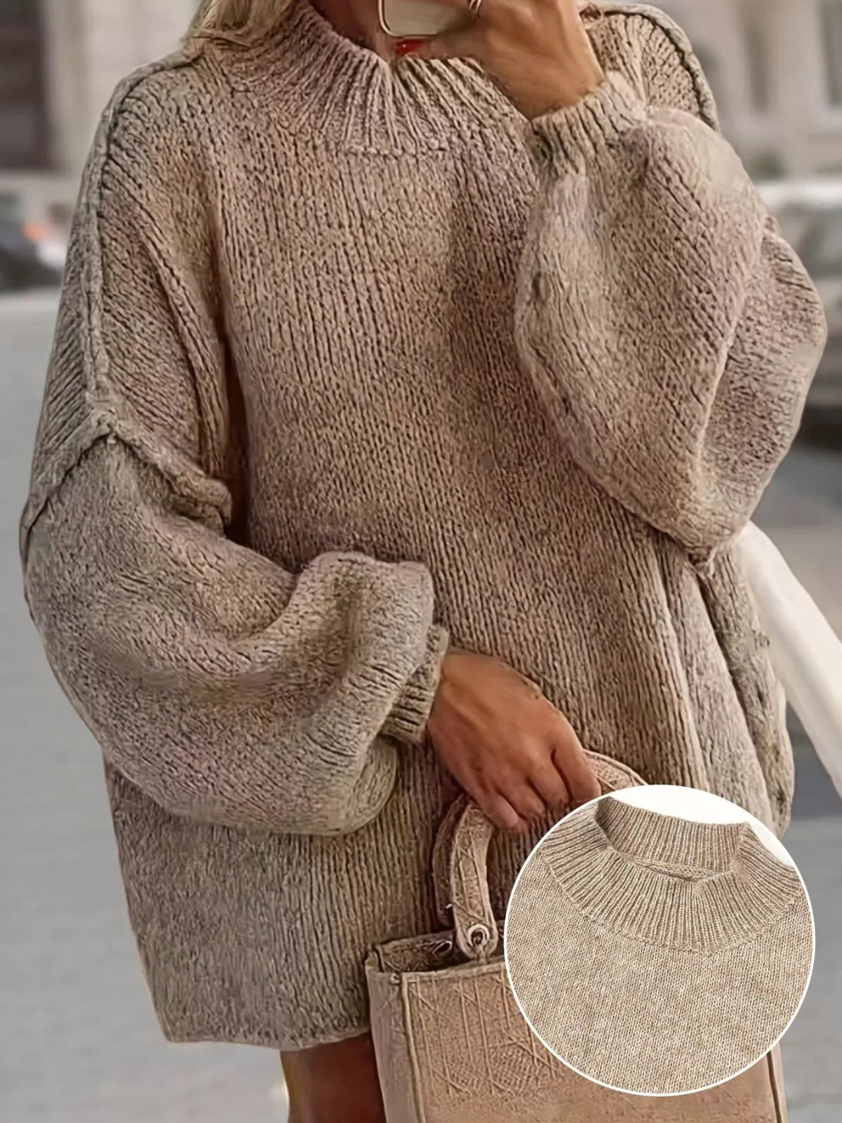 Solid Round Neck Oversized Mock Neck Batwing Sweater Fall Trendy