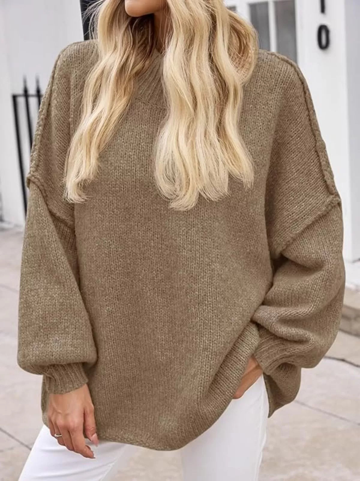 Solid Round Neck Oversized Mock Neck Batwing Sweater Fall Trendy