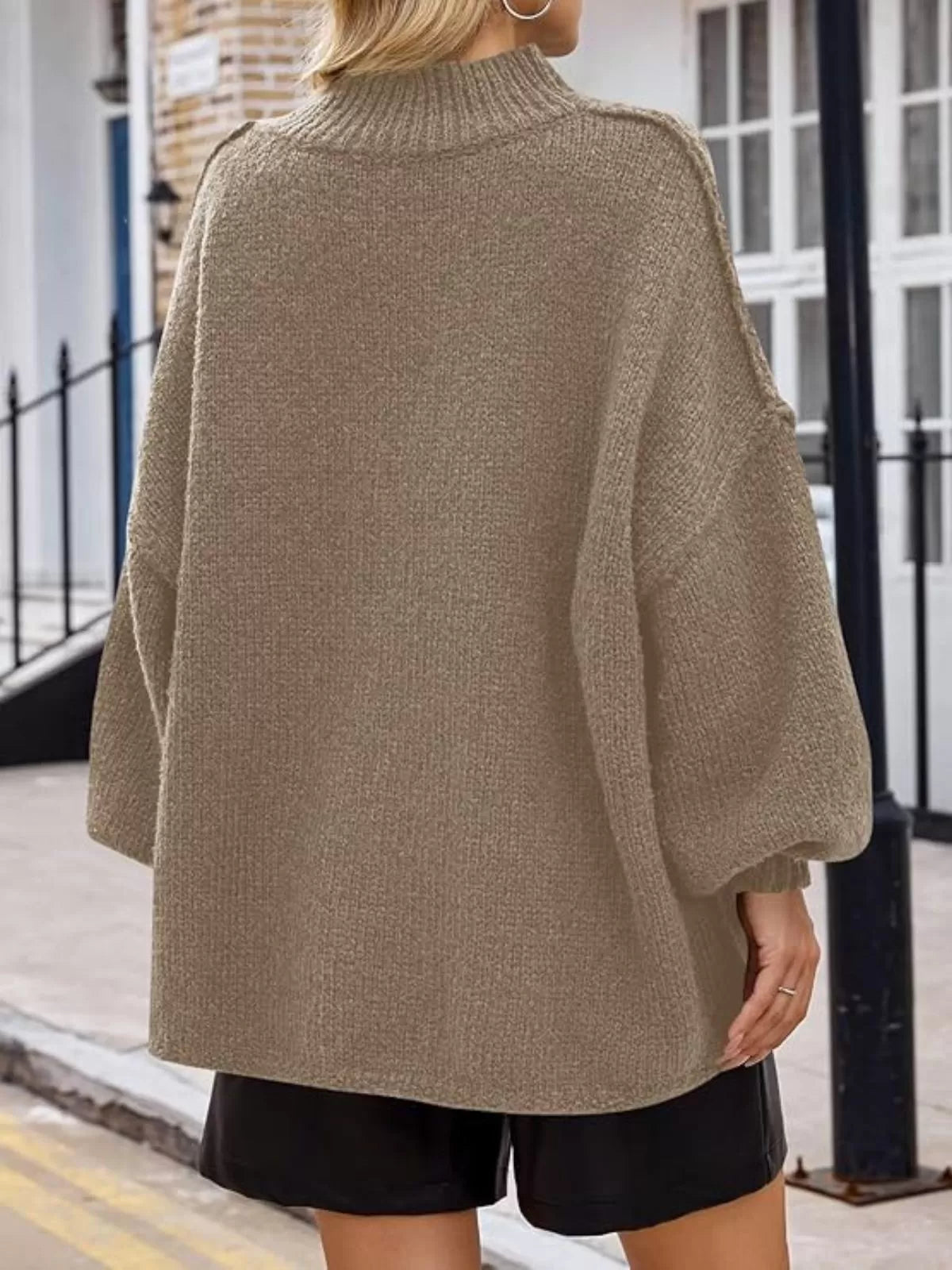 Solid Round Neck Oversized Mock Neck Batwing Sweater Fall Trendy