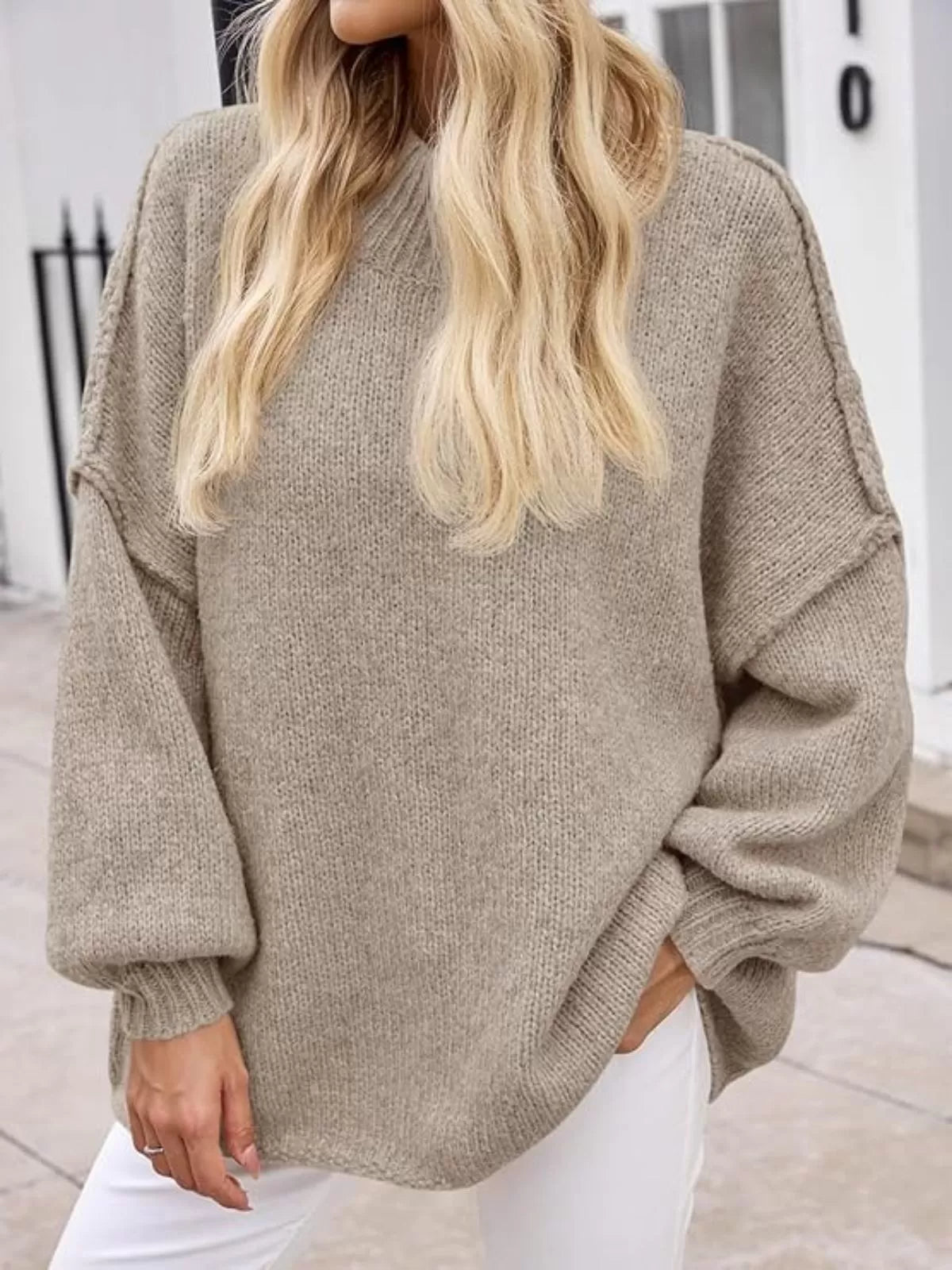 Solid Round Neck Oversized Mock Neck Batwing Sweater Fall Trendy