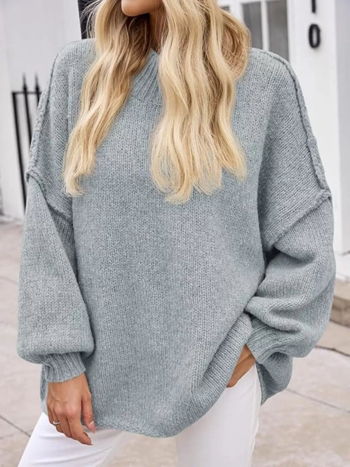 Solid Round Neck Oversized Mock Neck Batwing Sweater Fall Trendy