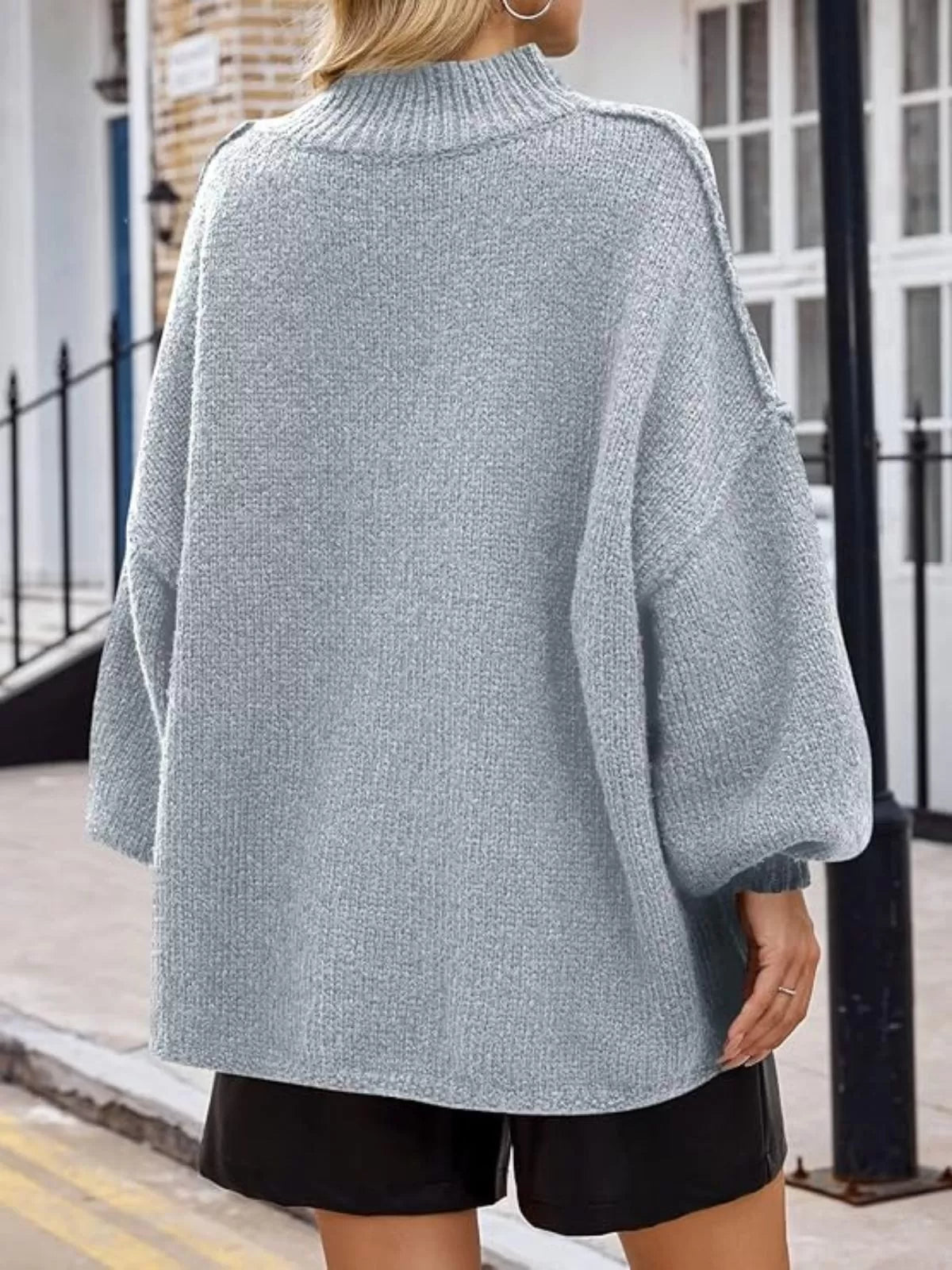 Solid Round Neck Oversized Mock Neck Batwing Sweater Fall Trendy