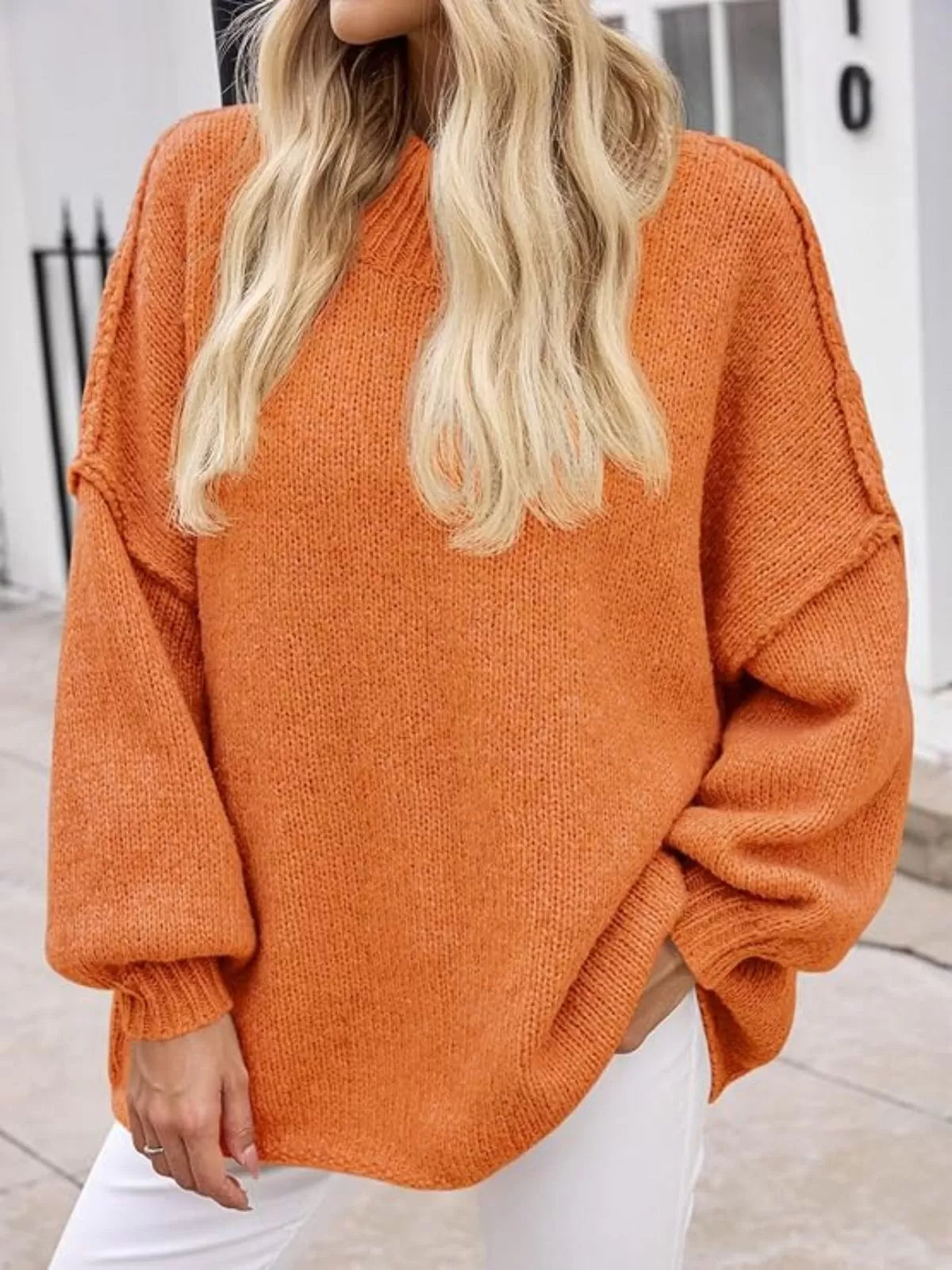 Solid Round Neck Oversized Mock Neck Batwing Sweater Fall Trendy