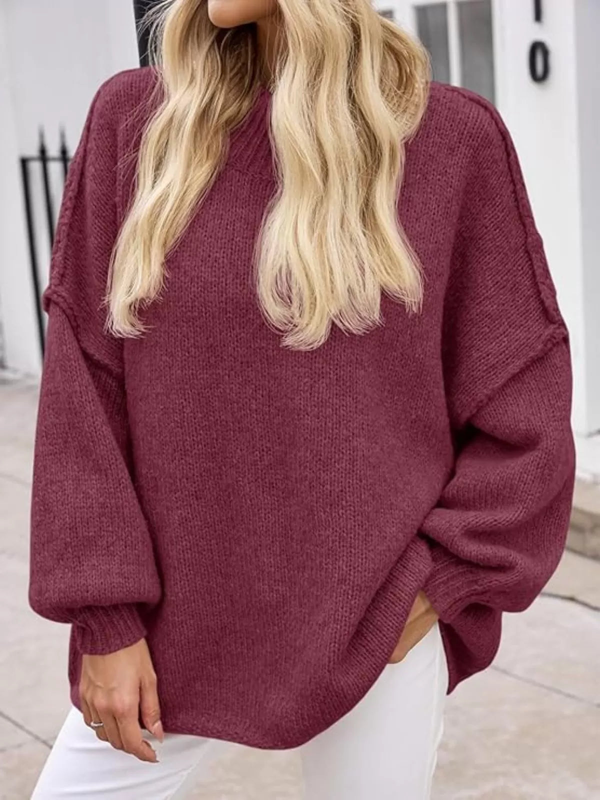 Solid Round Neck Oversized Mock Neck Batwing Sweater Fall Trendy