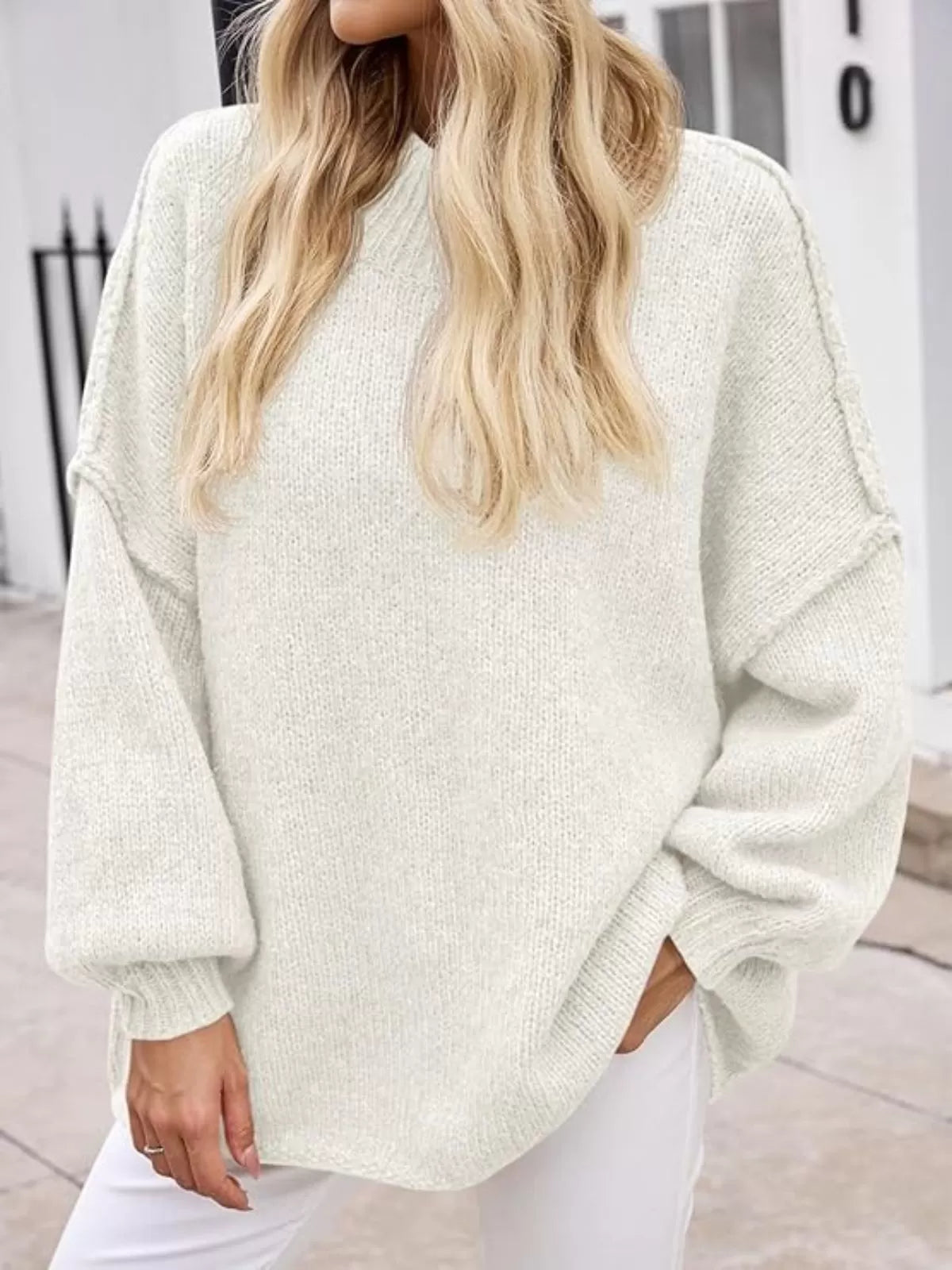 Solid Round Neck Oversized Mock Neck Batwing Sweater Fall Trendy