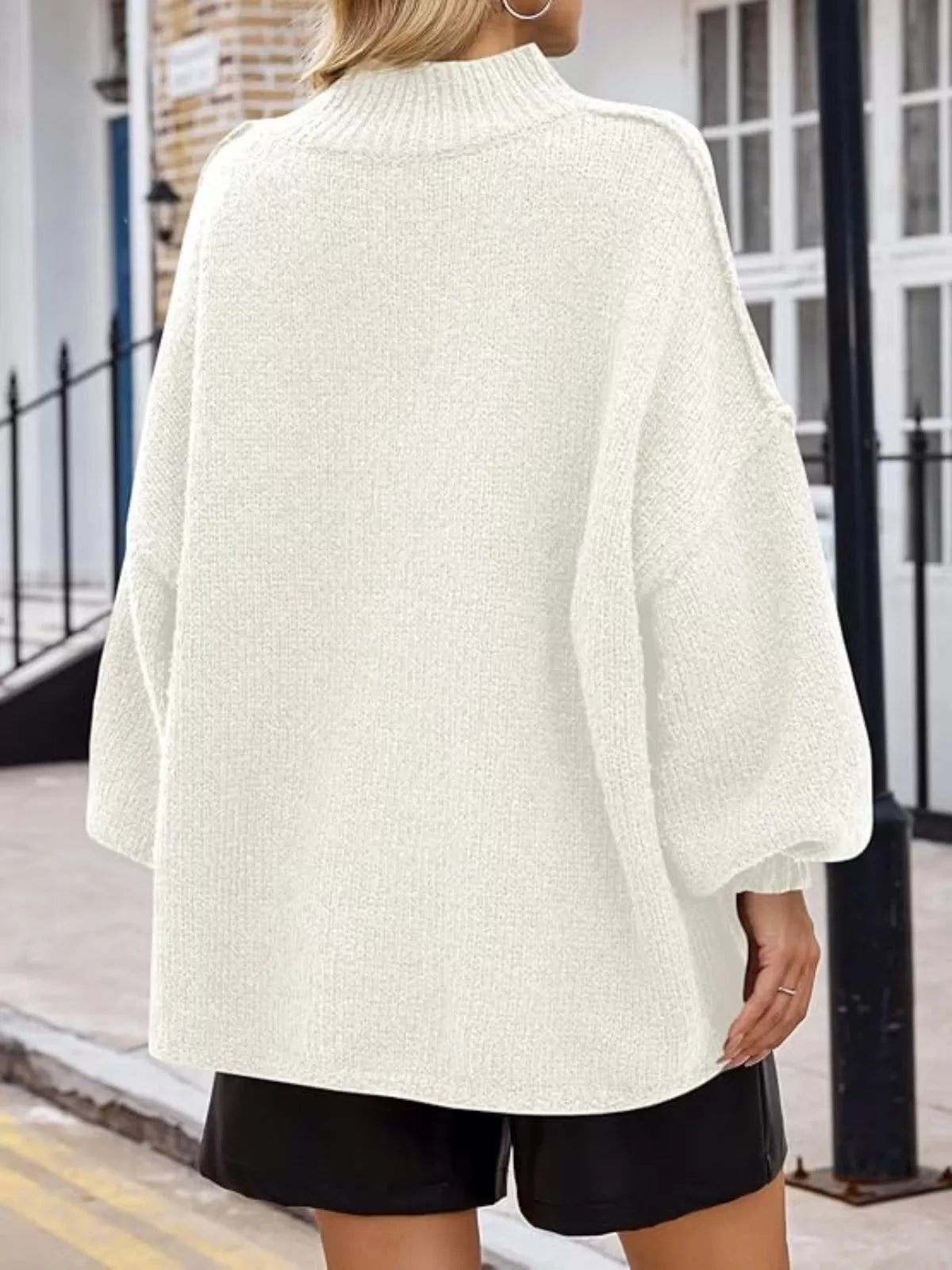 Solid Round Neck Oversized Mock Neck Batwing Sweater Fall Trendy
