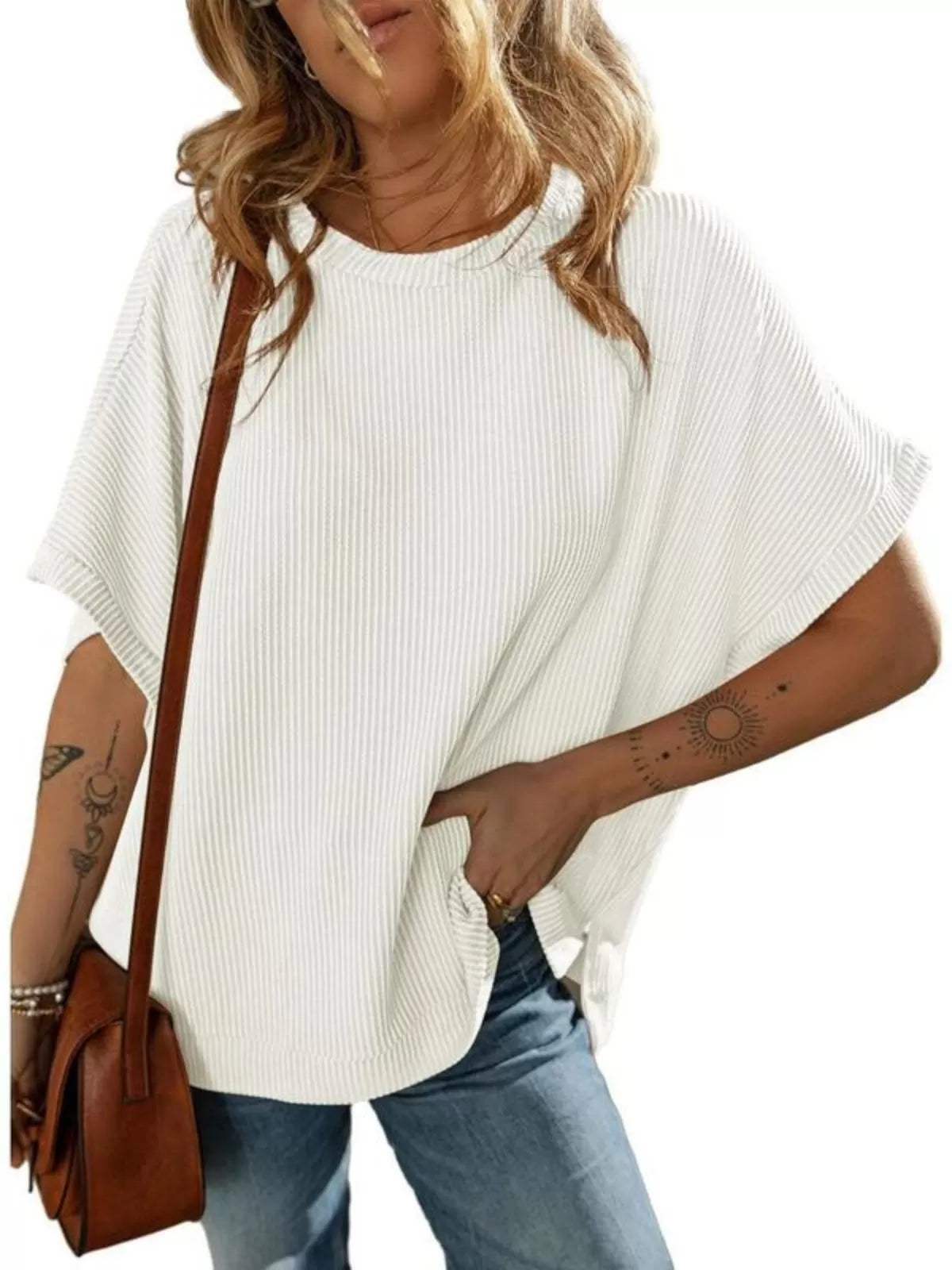 Solid Round Neck Loose Texture Knit Tunic Side Slits Sweater