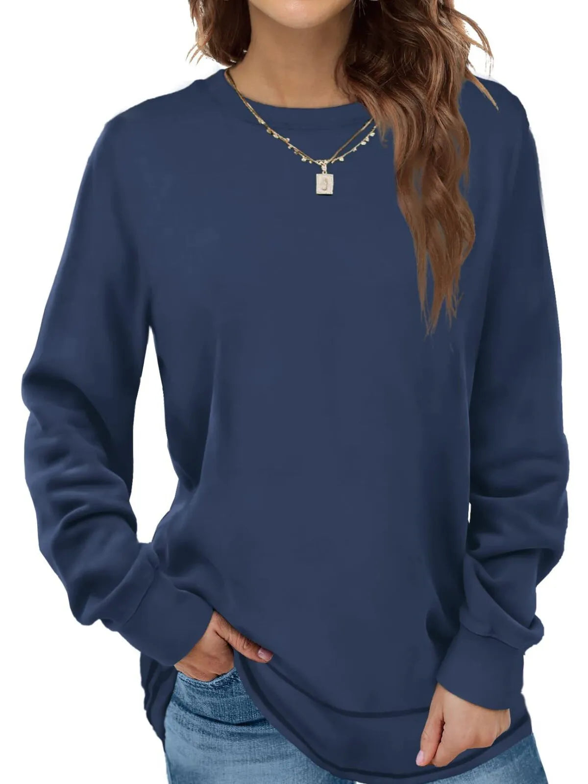 Solid Round Neck Tunic Sweatshirt for Leggings Fall Fashion