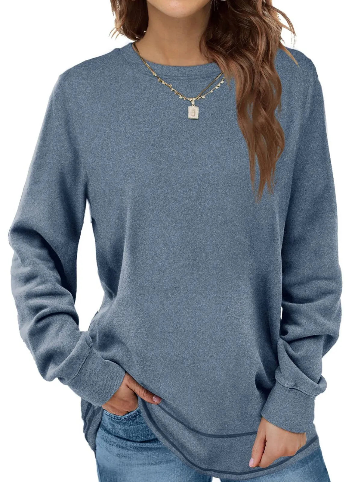 Solid Round Neck Tunic Sweatshirt for Leggings Fall Fashion