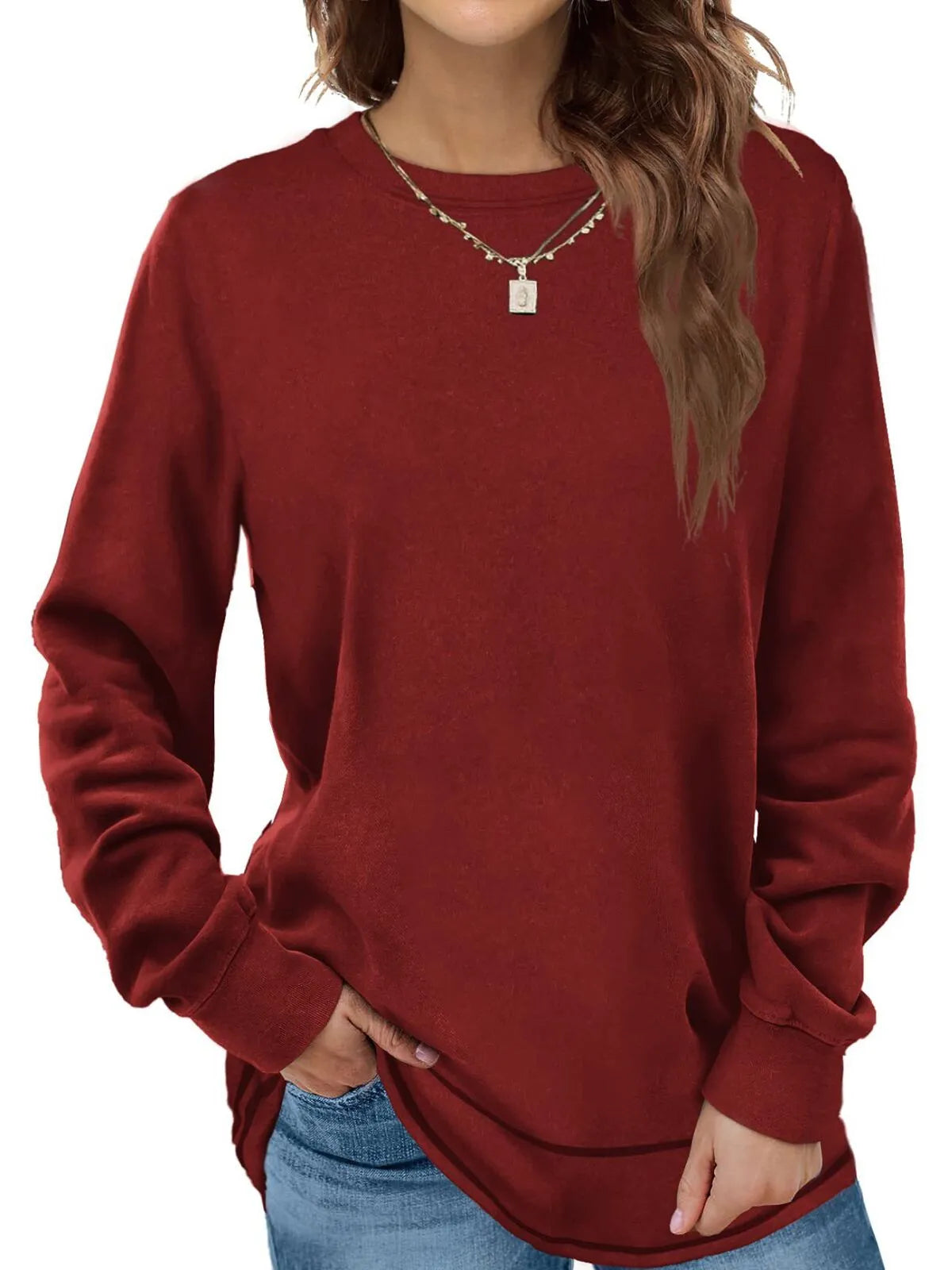 Solid Round Neck Tunic Sweatshirt for Leggings Fall Fashion