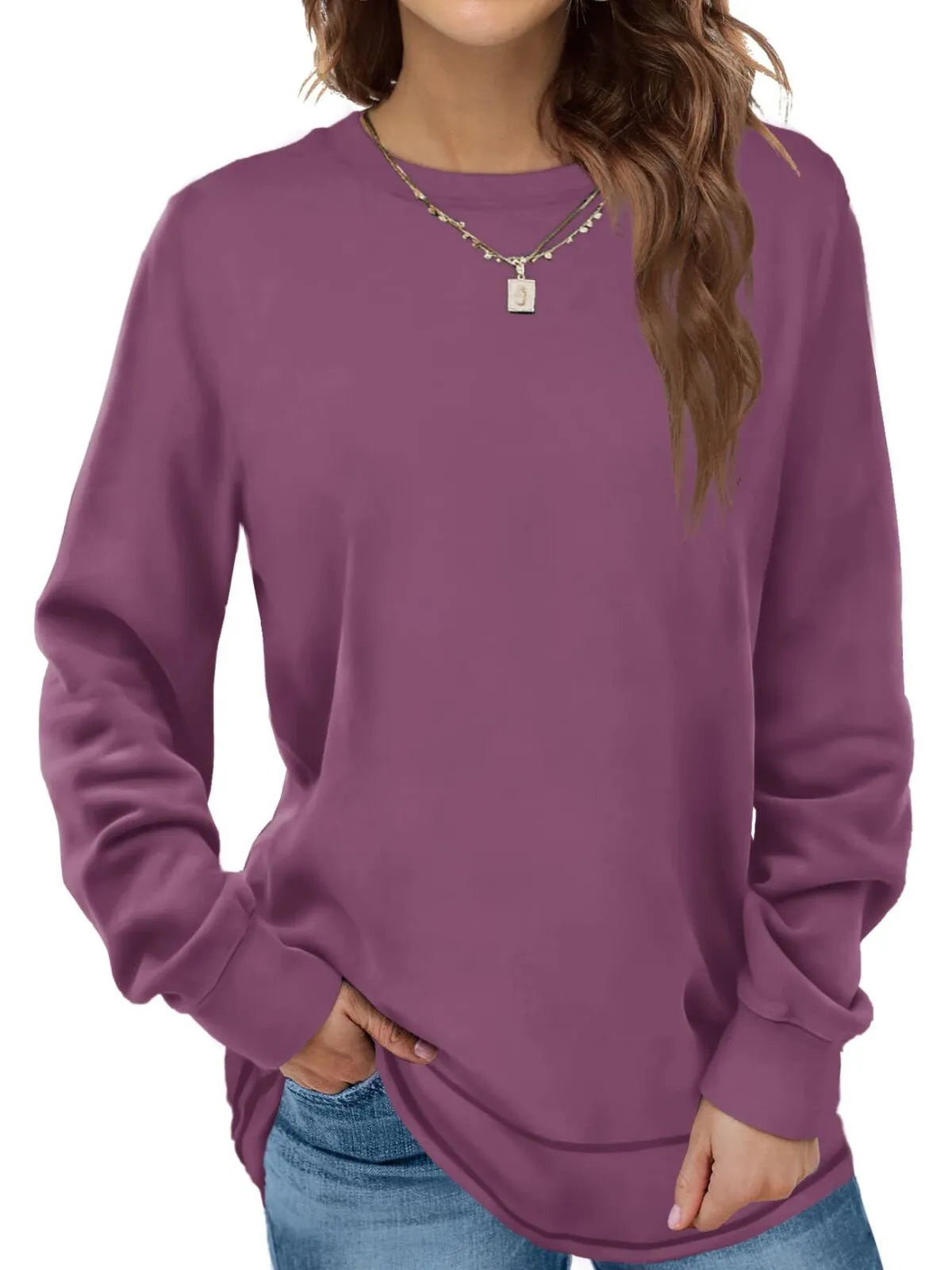 Solid Round Neck Tunic Sweatshirt for Leggings Fall Fashion