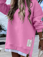 Solid Round Neck Zipper Slit Casual Pullover Drop Shoulder Sweatshirt
