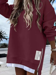 Solid Round Neck Zipper Slit Casual Pullover Drop Shoulder Sweatshirt