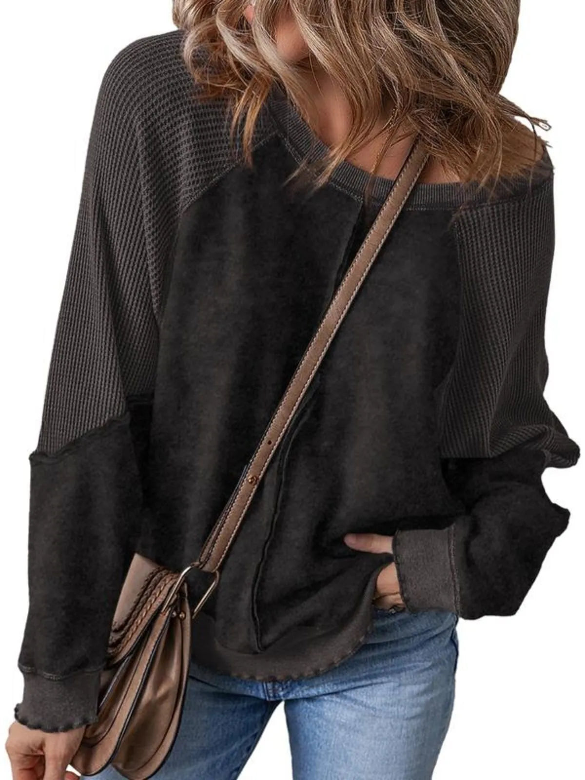 Solid Round Neck Cotton Waffle Knit Pullover Sweatshirt for Daily Leisure