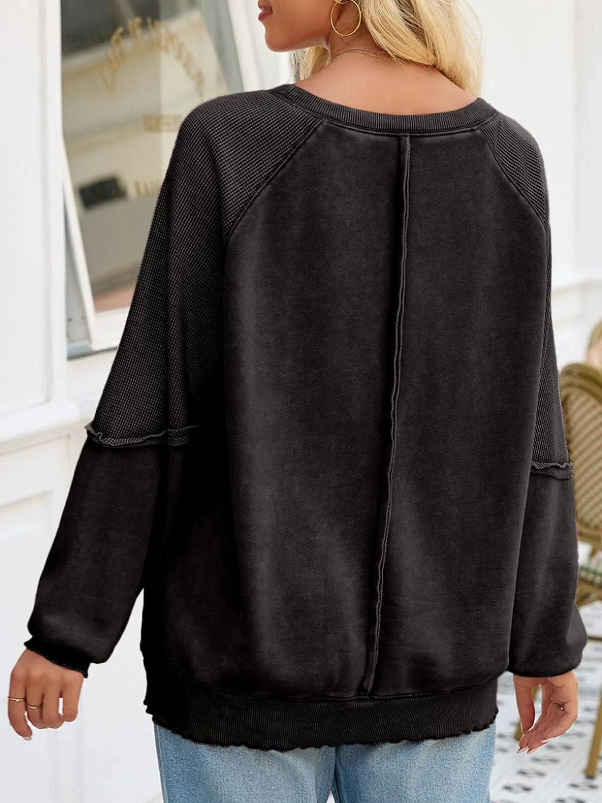 Solid Round Neck Cotton Waffle Knit Pullover Sweatshirt for Daily Leisure