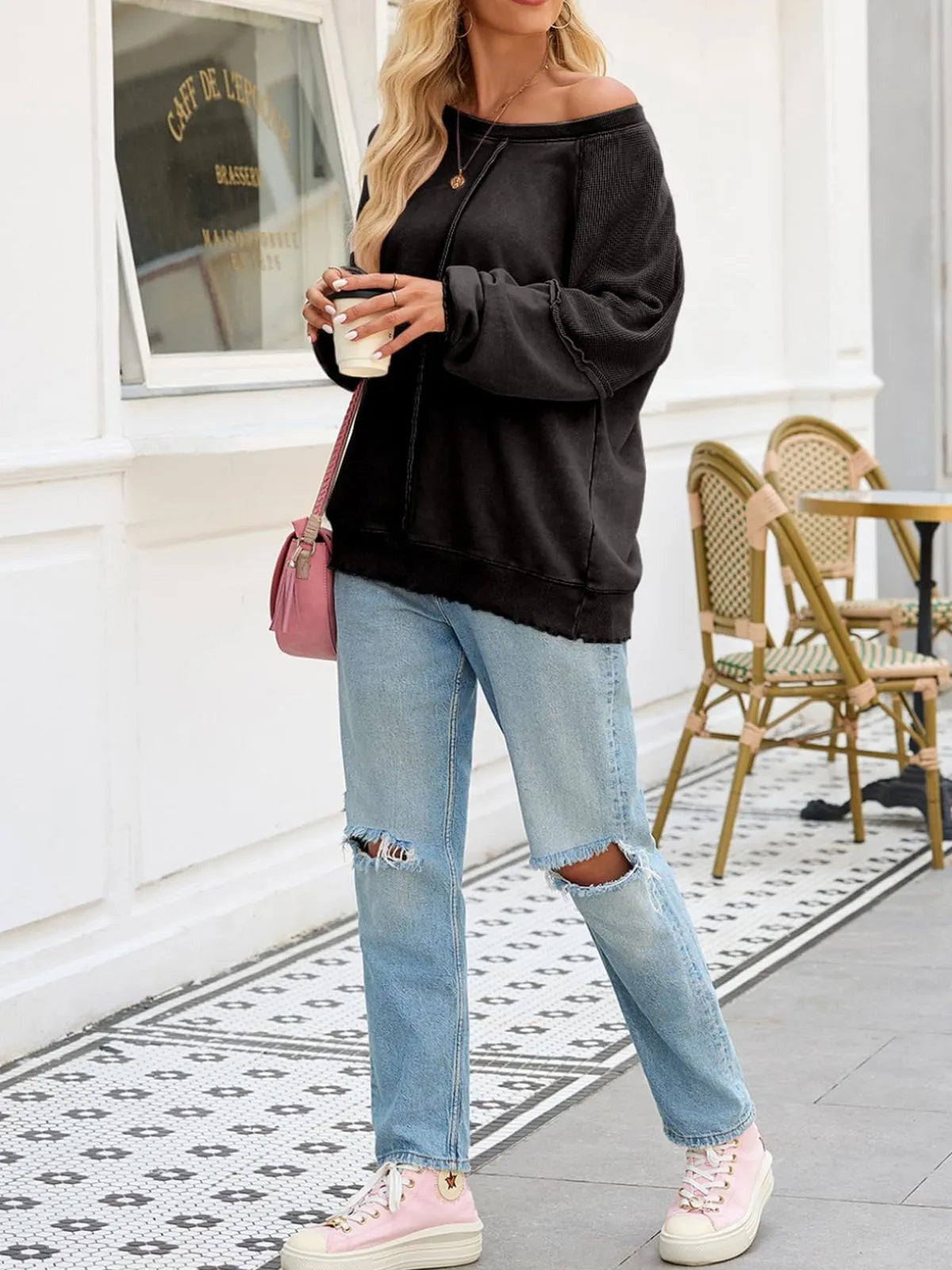 Solid Round Neck Cotton Waffle Knit Pullover Sweatshirt for Daily Leisure
