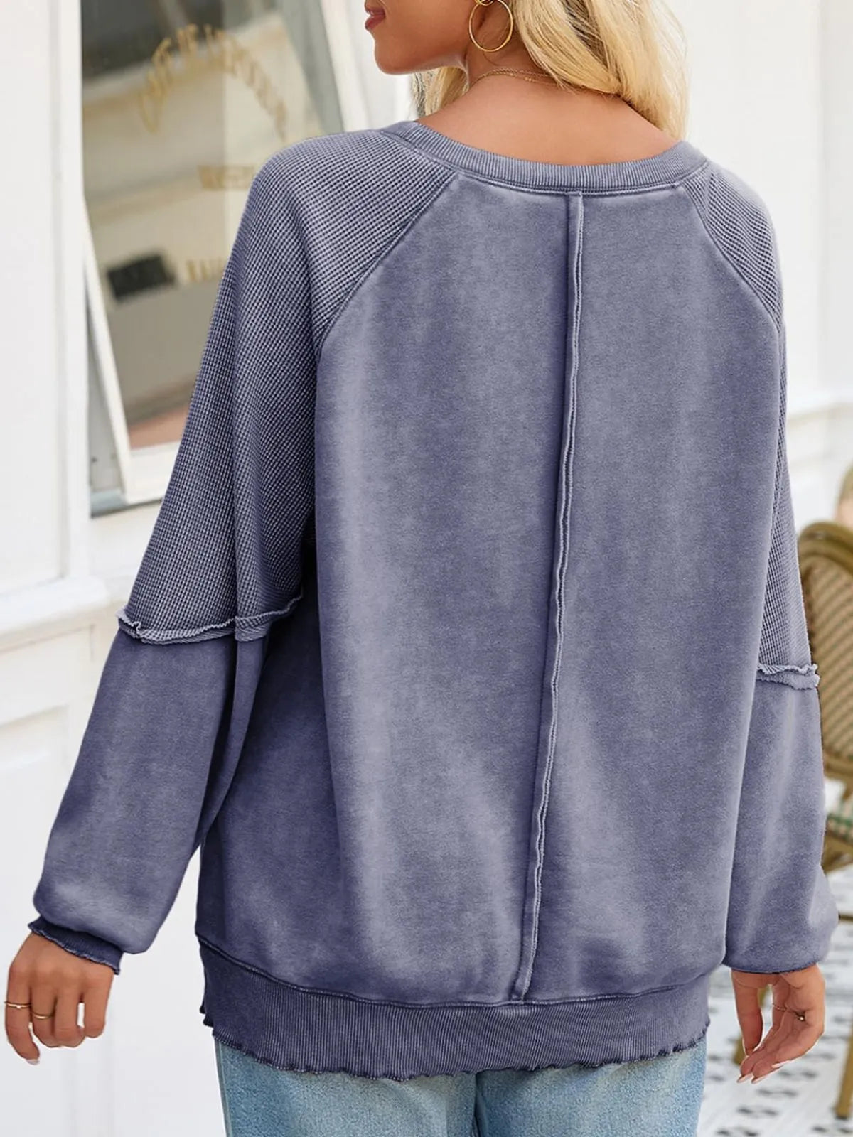 Solid Round Neck Cotton Waffle Knit Pullover Sweatshirt for Daily Leisure