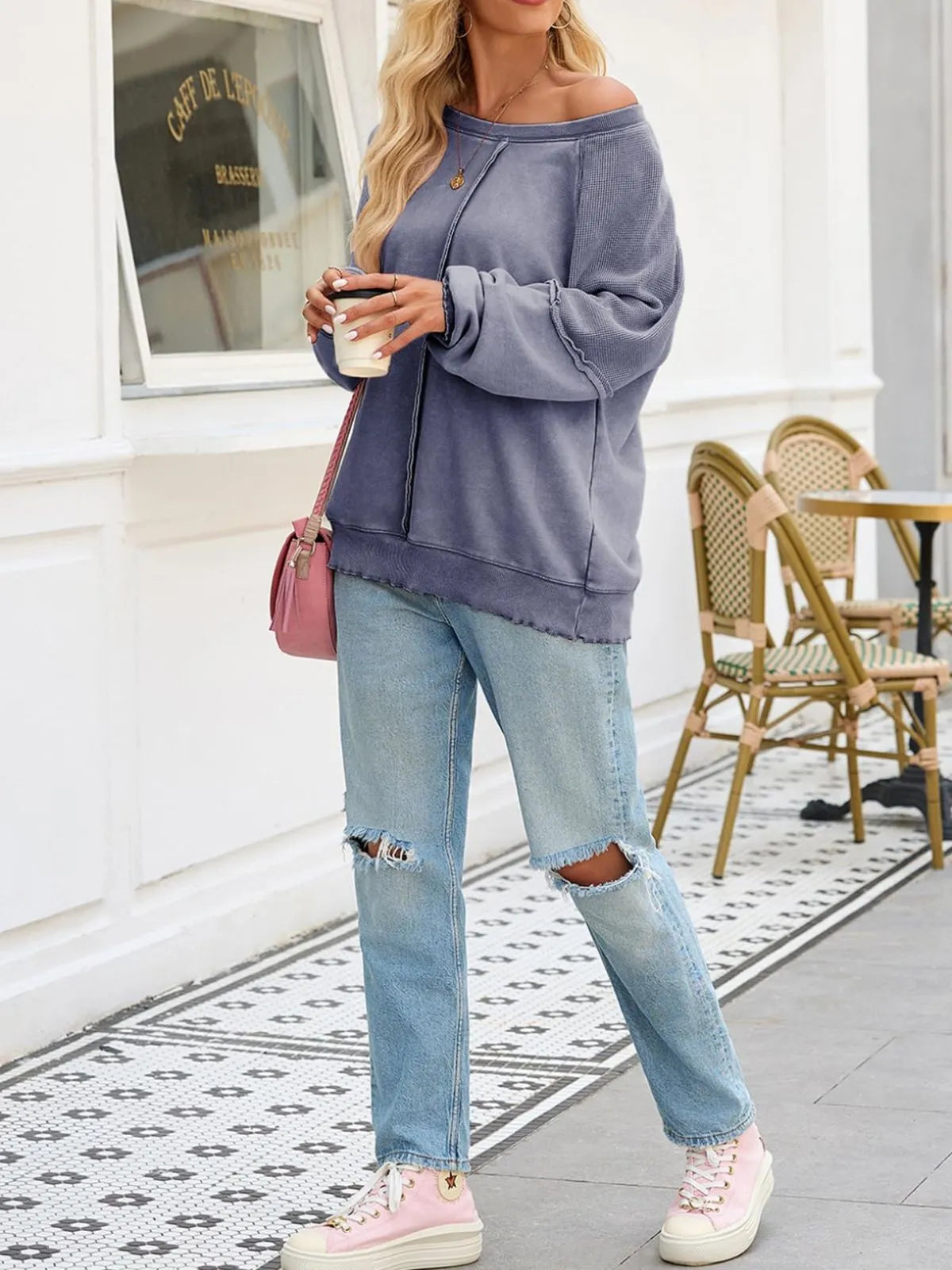 Solid Round Neck Cotton Waffle Knit Pullover Sweatshirt for Daily Leisure