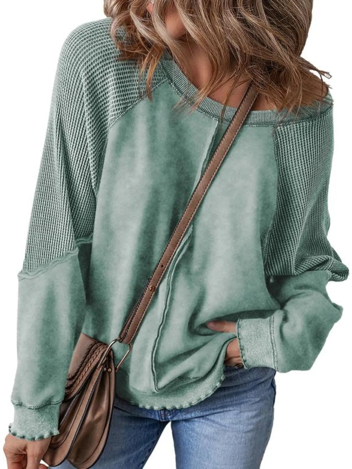 Solid Round Neck Cotton Waffle Knit Pullover Sweatshirt for Daily Leisure