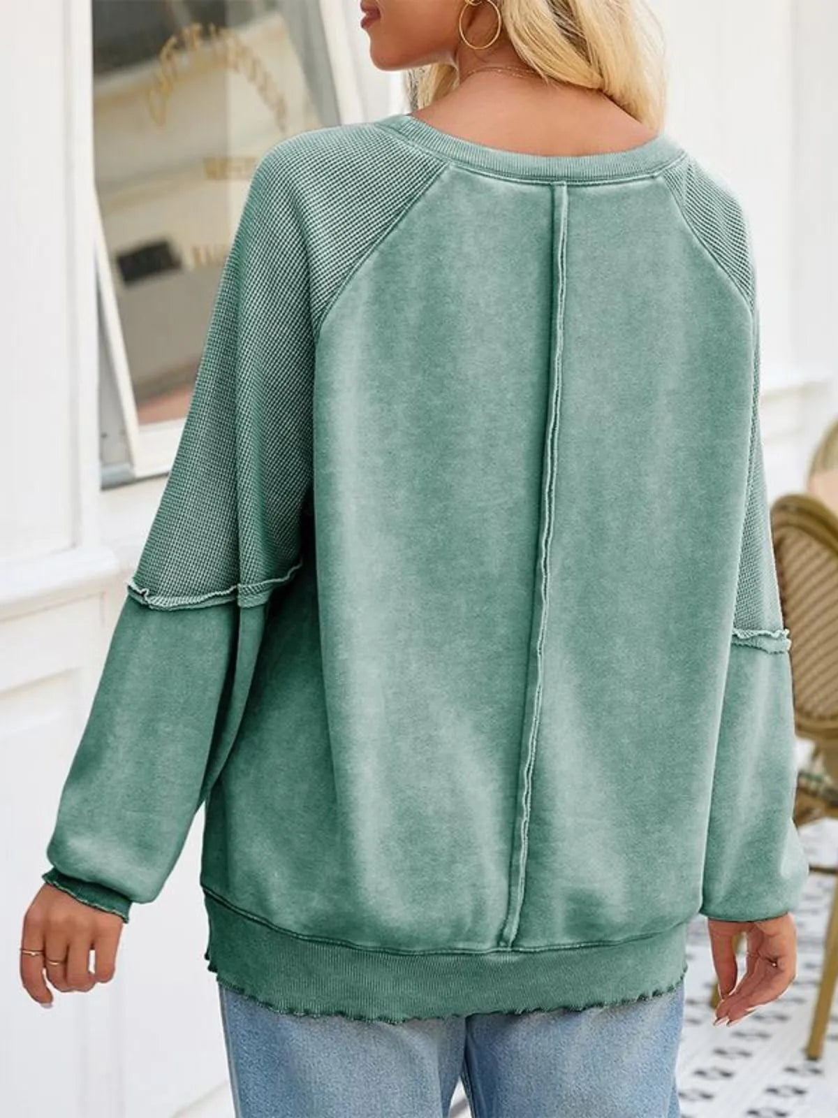 Solid Round Neck Cotton Waffle Knit Pullover Sweatshirt for Daily Leisure