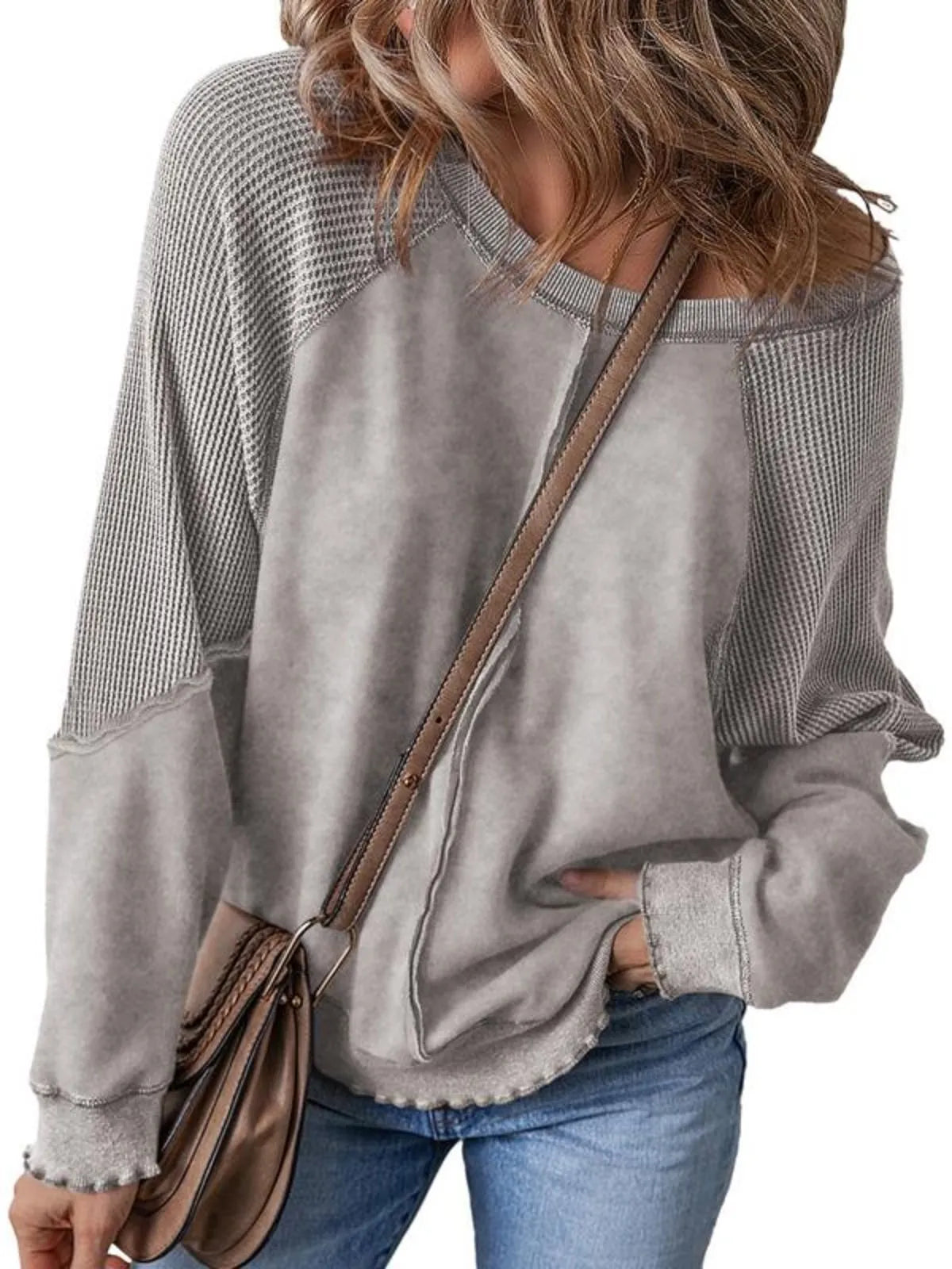 Solid Round Neck Cotton Waffle Knit Pullover Sweatshirt for Daily Leisure