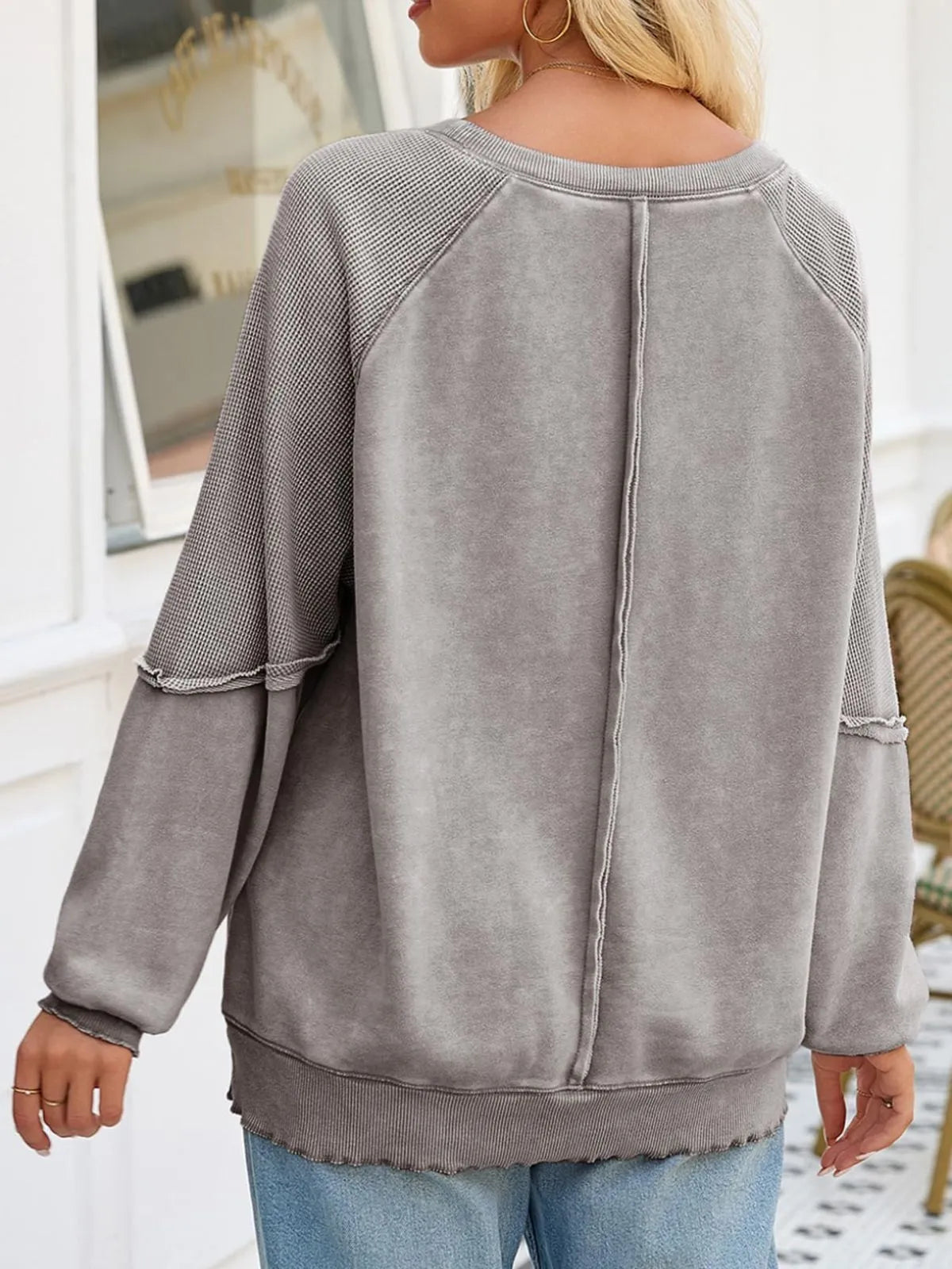 Solid Round Neck Cotton Waffle Knit Pullover Sweatshirt for Daily Leisure