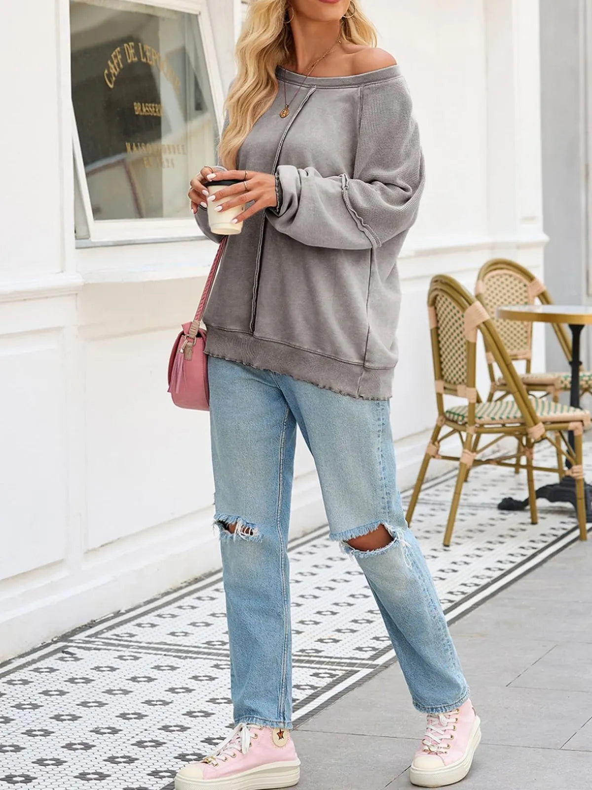 Solid Round Neck Cotton Waffle Knit Pullover Sweatshirt for Daily Leisure