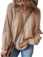 Solid Round Neck Cotton Waffle Knit Pullover Sweatshirt for Daily Leisure