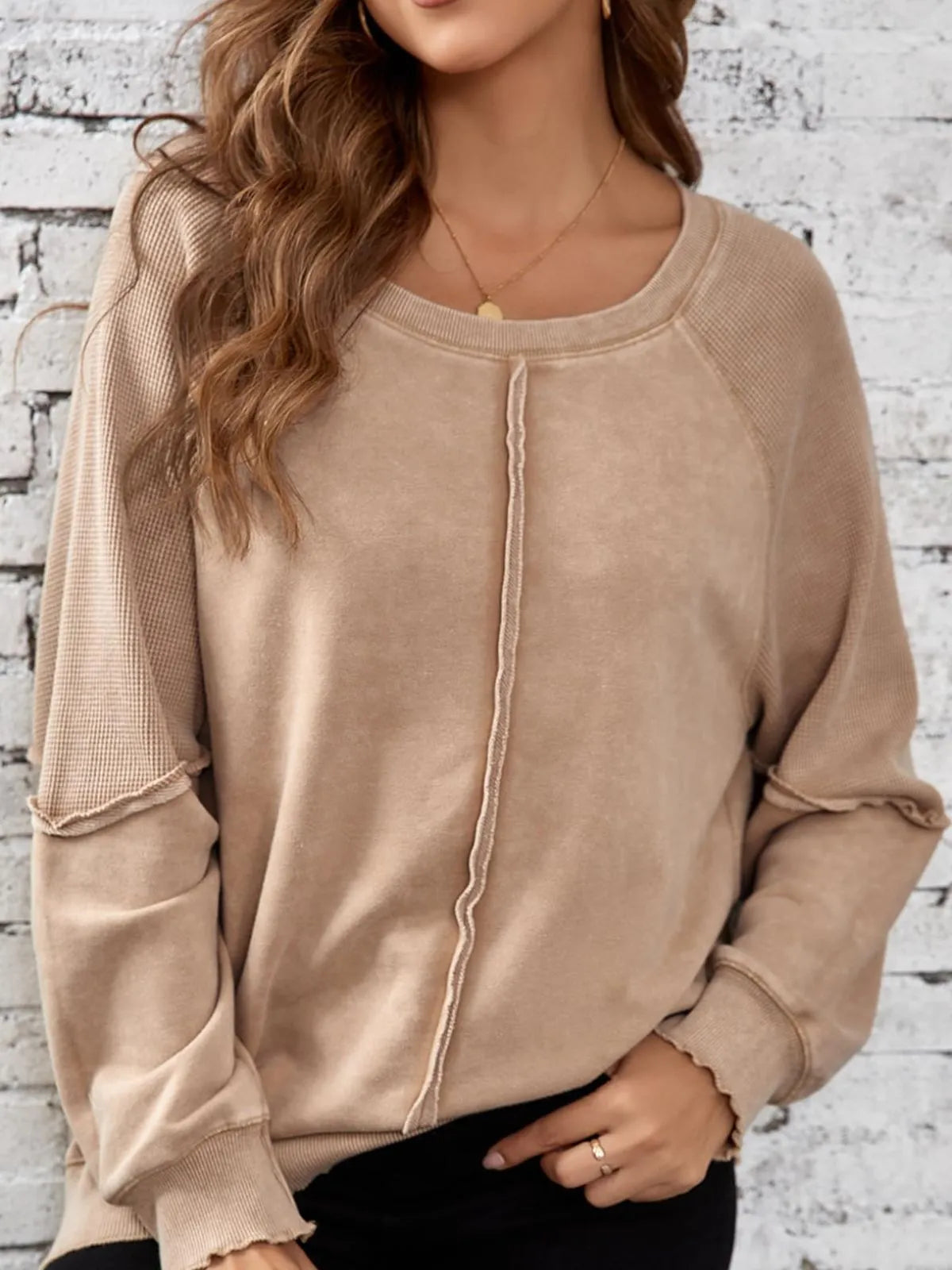 Solid Round Neck Cotton Waffle Knit Pullover Sweatshirt for Daily Leisure