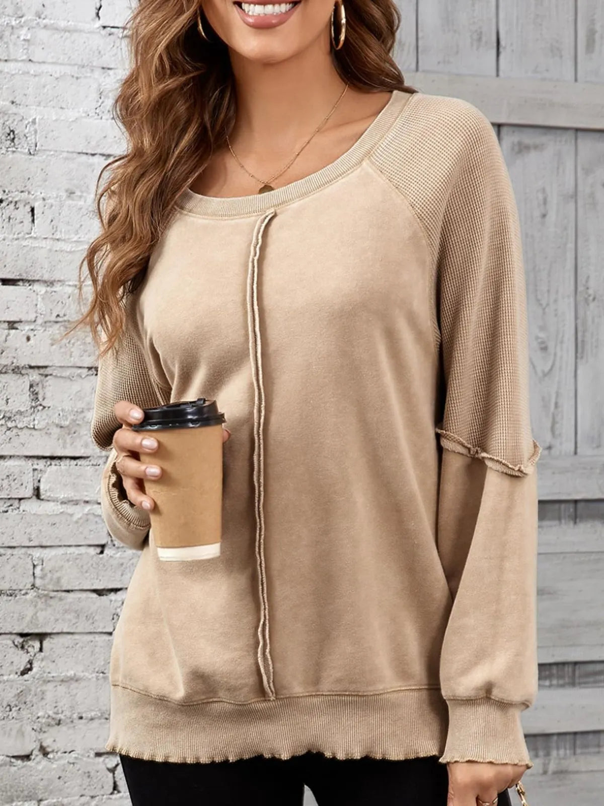Solid Round Neck Cotton Waffle Knit Pullover Sweatshirt for Daily Leisure
