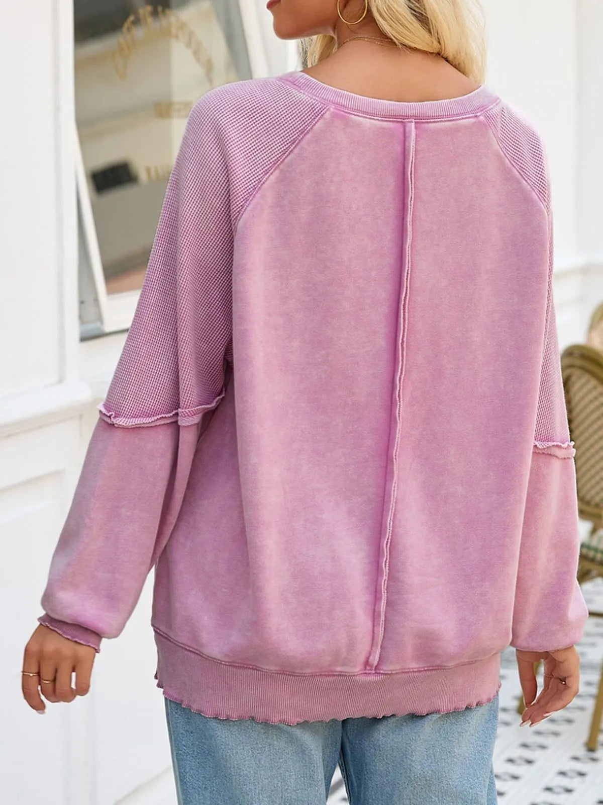 Solid Round Neck Cotton Waffle Knit Pullover Sweatshirt for Daily Leisure