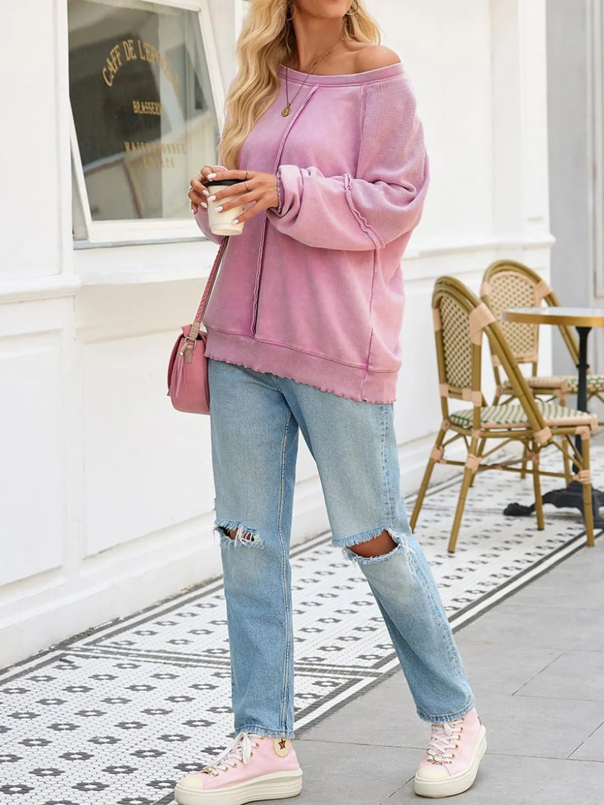 Solid Round Neck Cotton Waffle Knit Pullover Sweatshirt for Daily Leisure