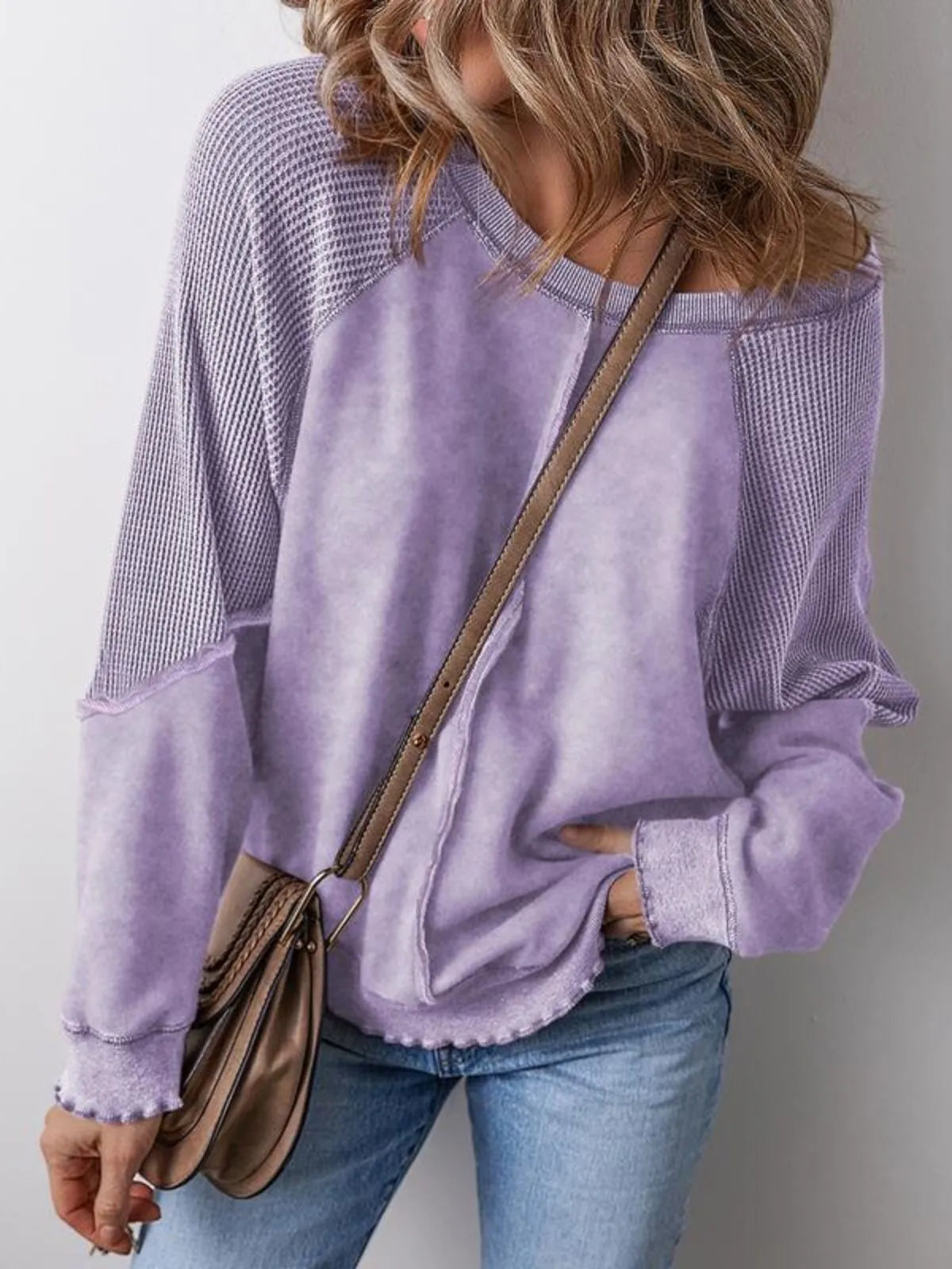 Solid Round Neck Cotton Waffle Knit Pullover Sweatshirt for Daily Leisure