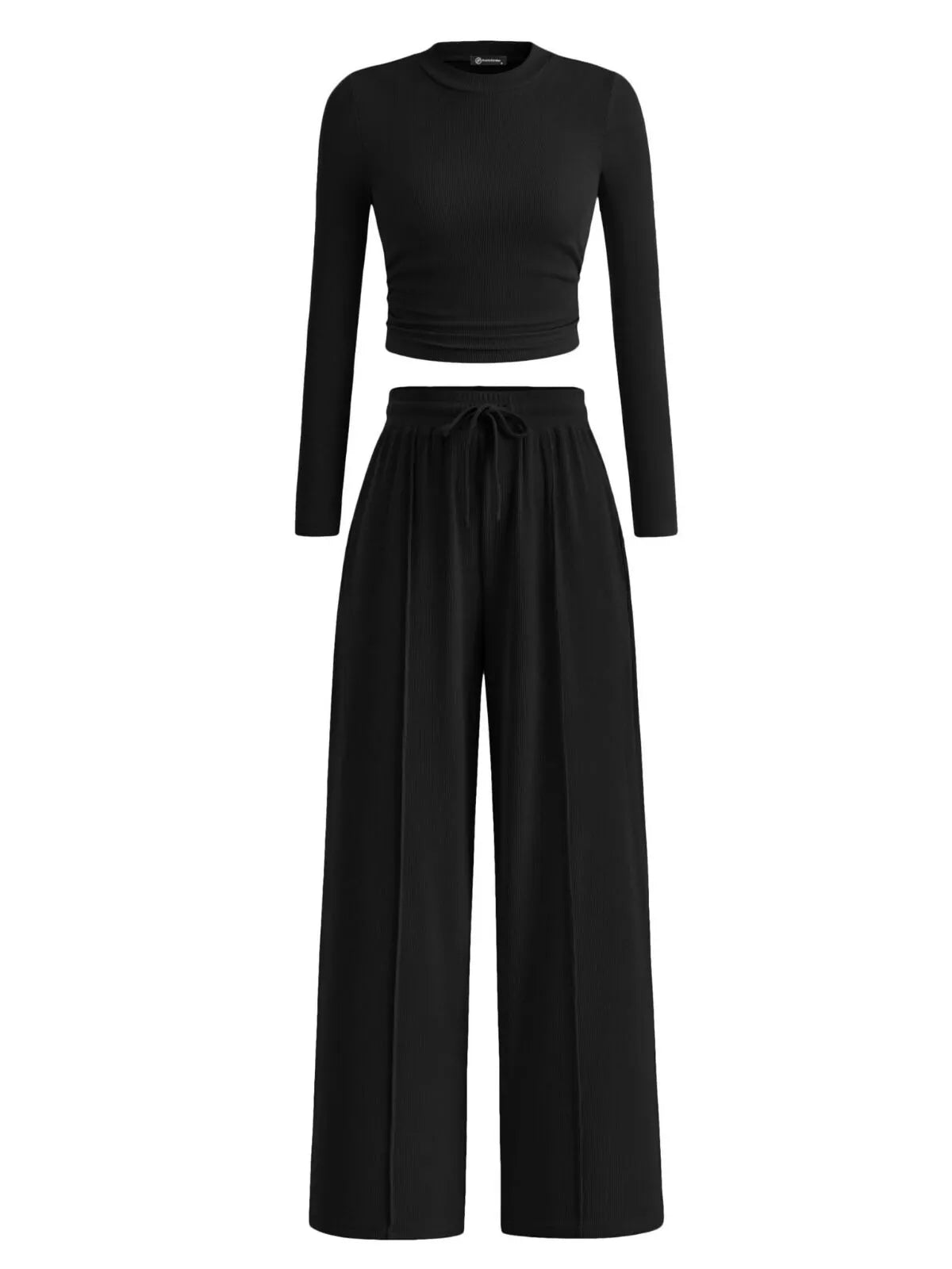 Solid Casual Round Neck Ribbed Knit Long Sleeve Crop T-shirt & Solid Wide Leg Pants, Matching Lounge Set Loungewear
