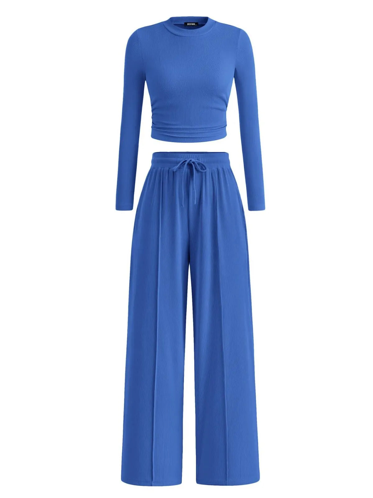 Solid Casual Round Neck Ribbed Knit Long Sleeve Crop T-shirt & Solid Wide Leg Pants, Matching Lounge Set Loungewear