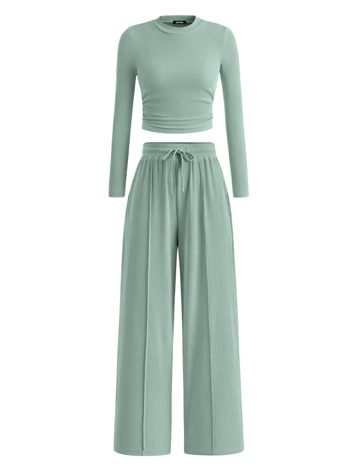 Solid Casual Round Neck Ribbed Knit Long Sleeve Crop T-shirt & Solid Wide Leg Pants, Matching Lounge Set Loungewear