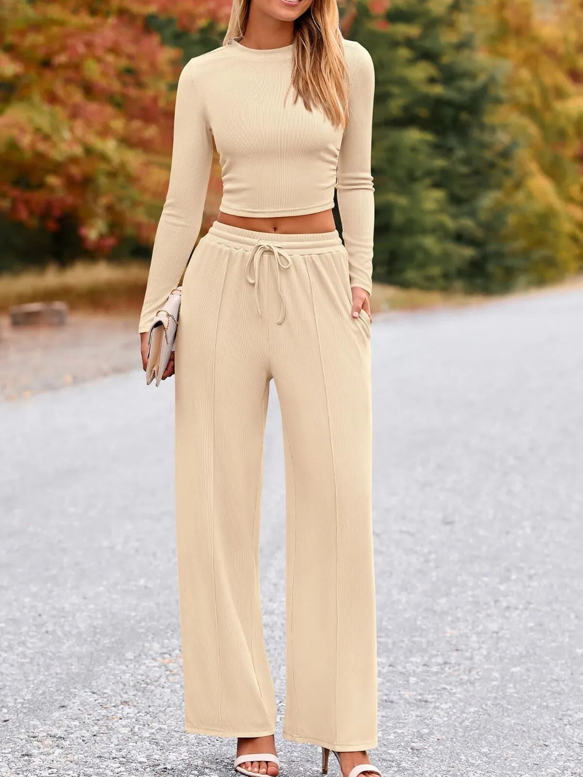 Solid Casual Round Neck Ribbed Knit Long Sleeve Crop T-shirt & Solid Wide Leg Pants, Matching Lounge Set Loungewear