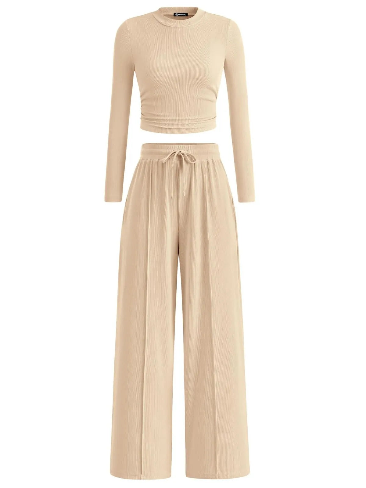 Solid Casual Round Neck Ribbed Knit Long Sleeve Crop T-shirt & Solid Wide Leg Pants, Matching Lounge Set Loungewear