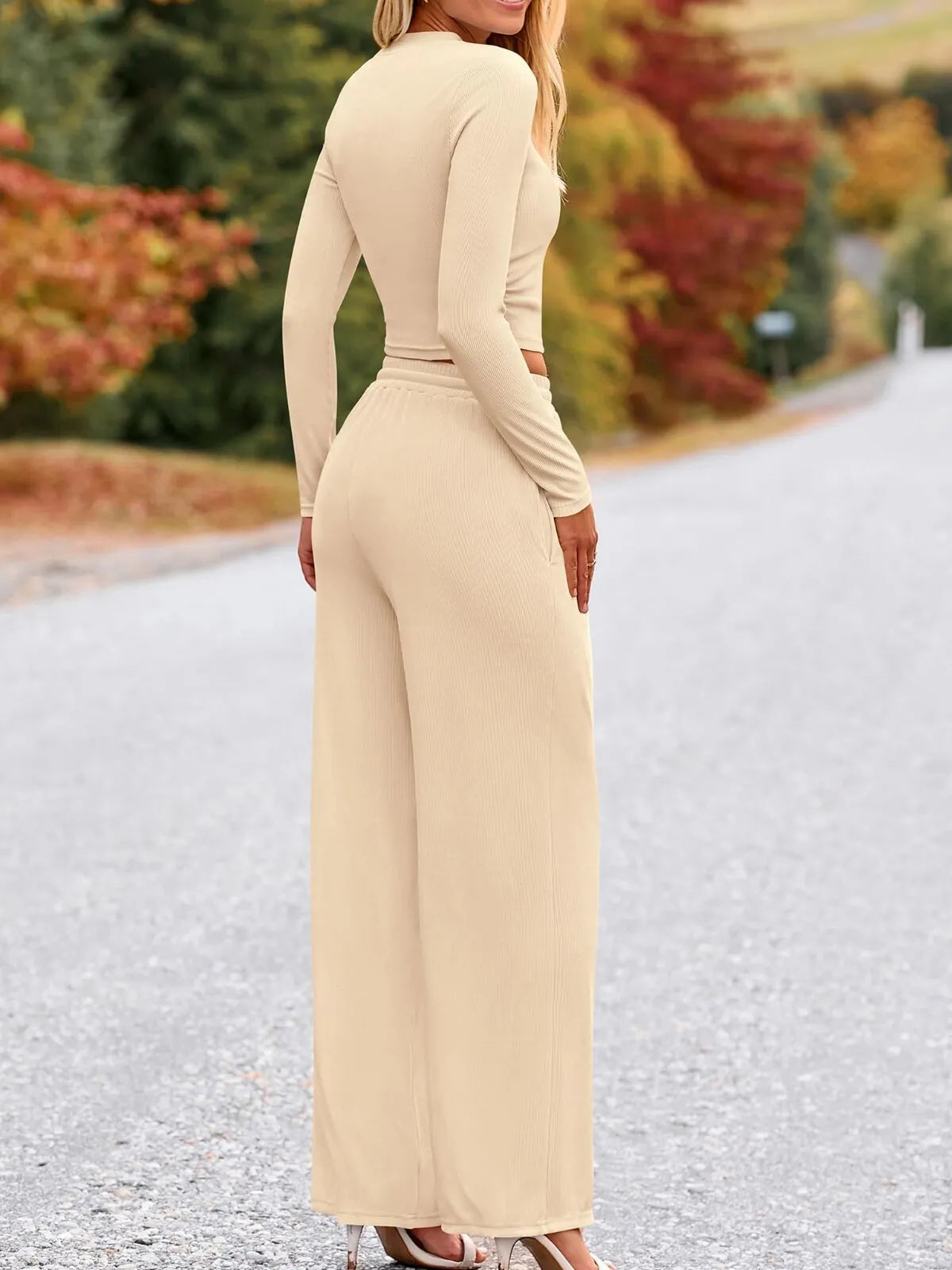 Solid Casual Round Neck Ribbed Knit Long Sleeve Crop T-shirt & Solid Wide Leg Pants, Matching Lounge Set Loungewear