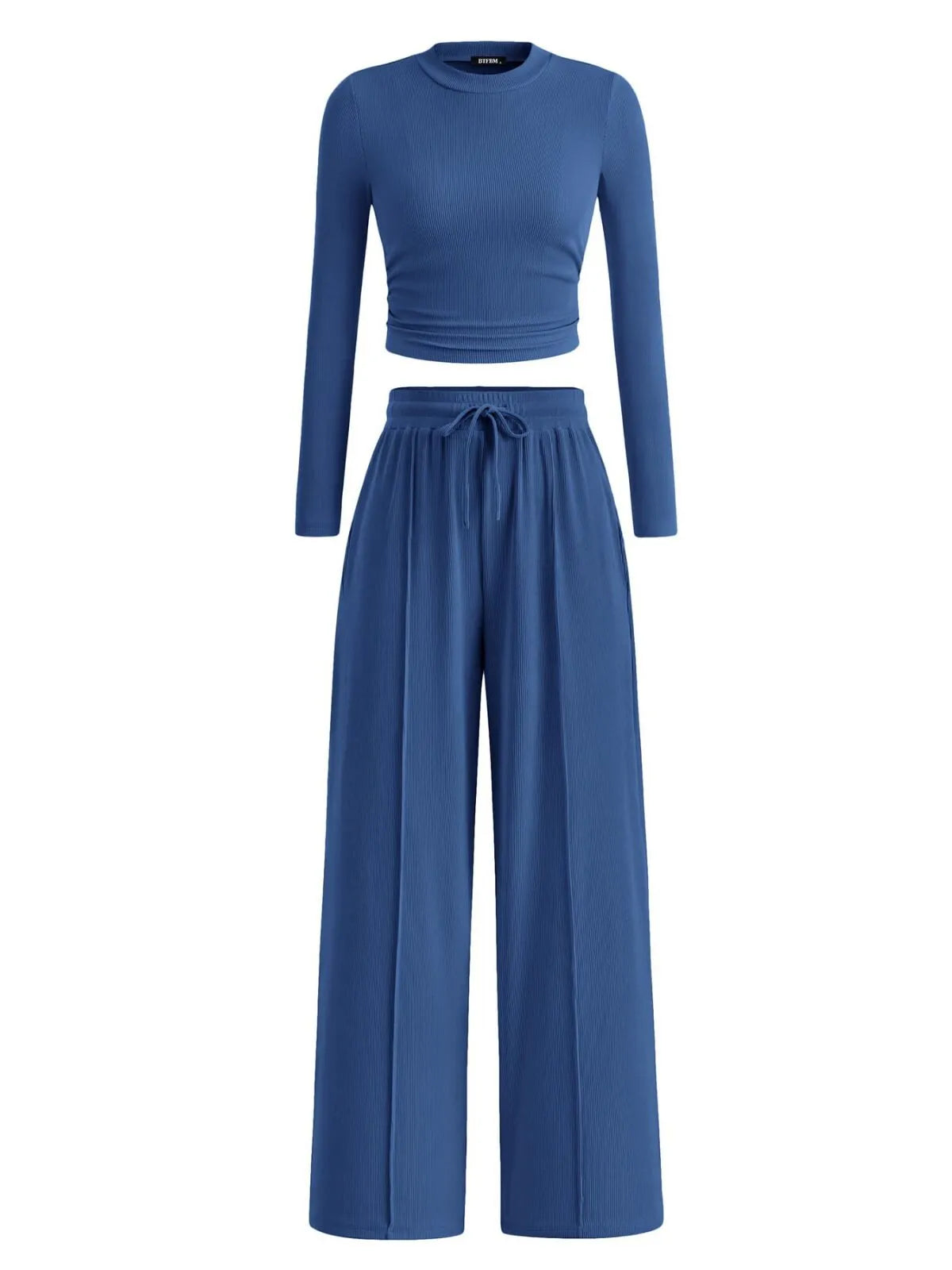 Solid Casual Round Neck Ribbed Knit Long Sleeve Crop T-shirt & Solid Wide Leg Pants, Matching Lounge Set Loungewear