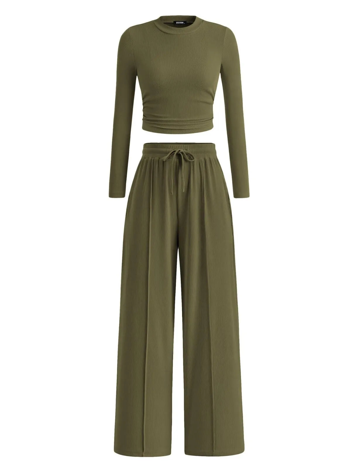 Solid Casual Round Neck Ribbed Knit Long Sleeve Crop T-shirt & Solid Wide Leg Pants, Matching Lounge Set Loungewear