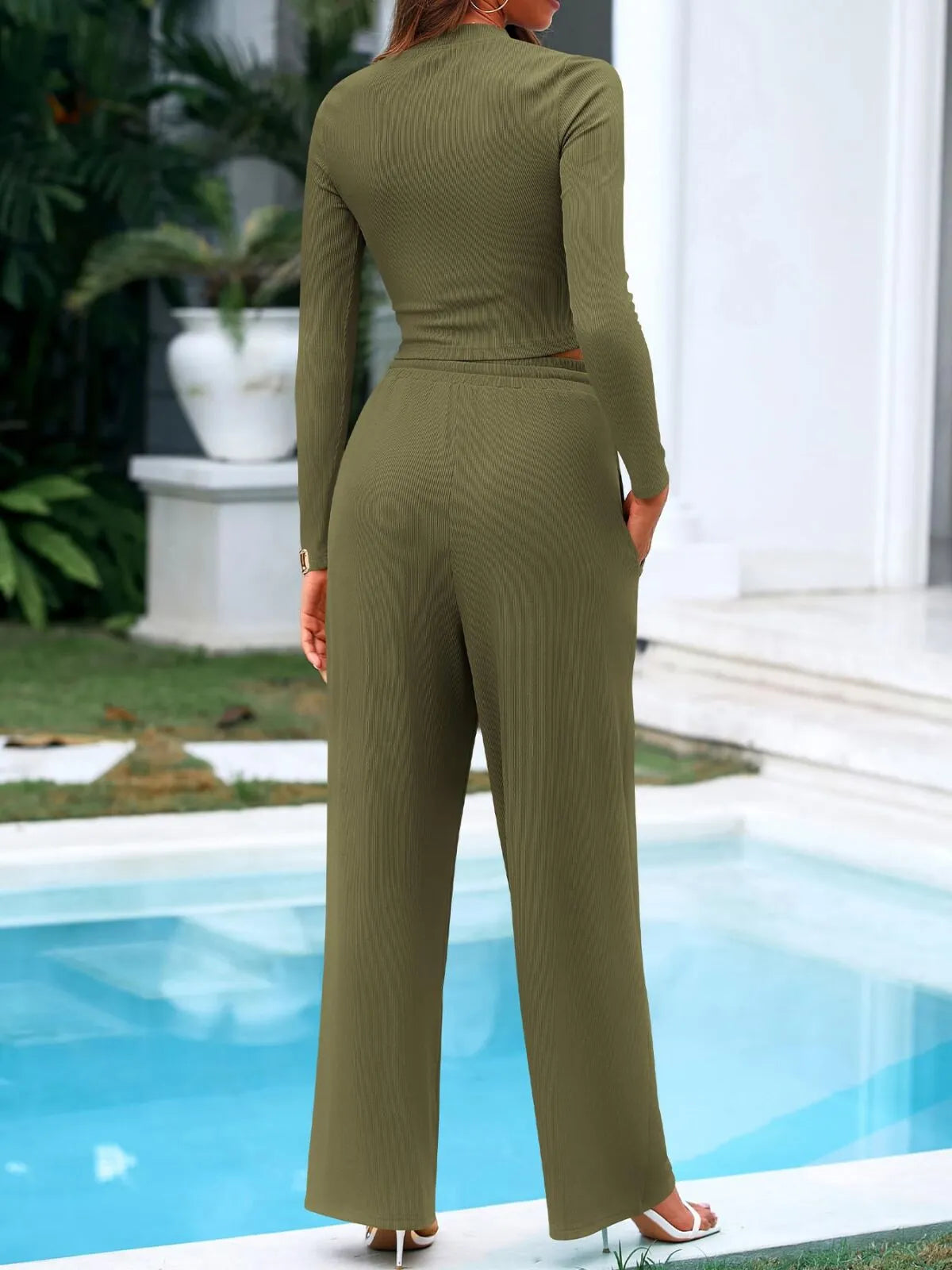 Solid Casual Round Neck Ribbed Knit Long Sleeve Crop T-shirt & Solid Wide Leg Pants, Matching Lounge Set Loungewear
