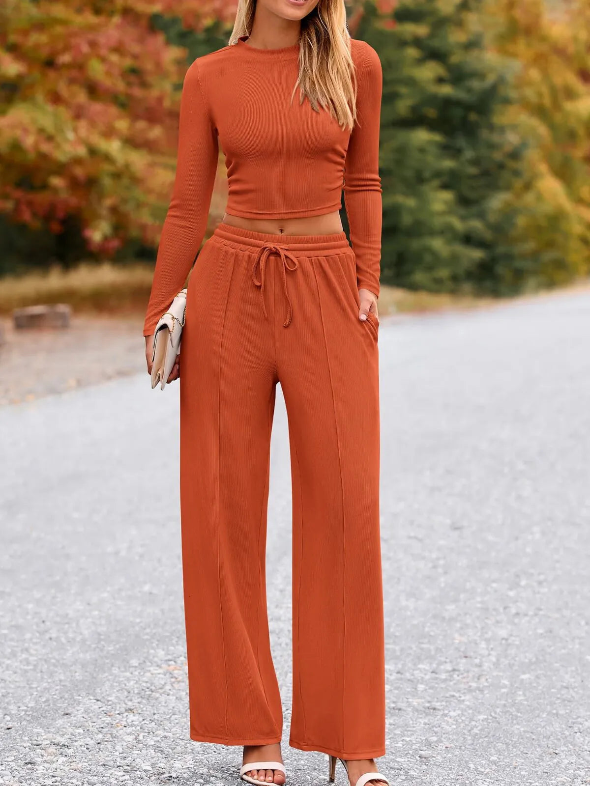 Solid Casual Round Neck Ribbed Knit Long Sleeve Crop T-shirt & Solid Wide Leg Pants, Matching Lounge Set Loungewear