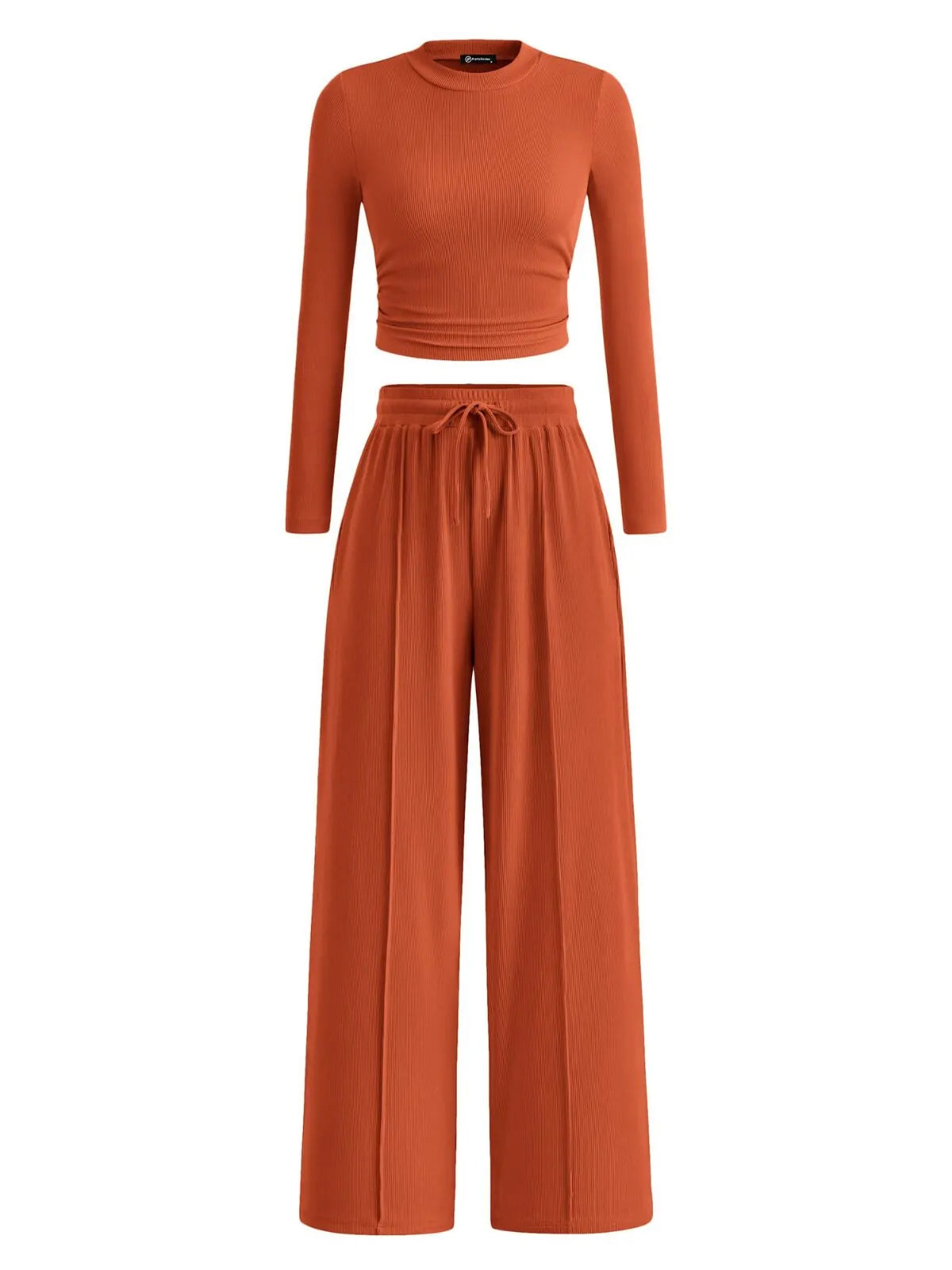 Solid Casual Round Neck Ribbed Knit Long Sleeve Crop T-shirt & Solid Wide Leg Pants, Matching Lounge Set Loungewear