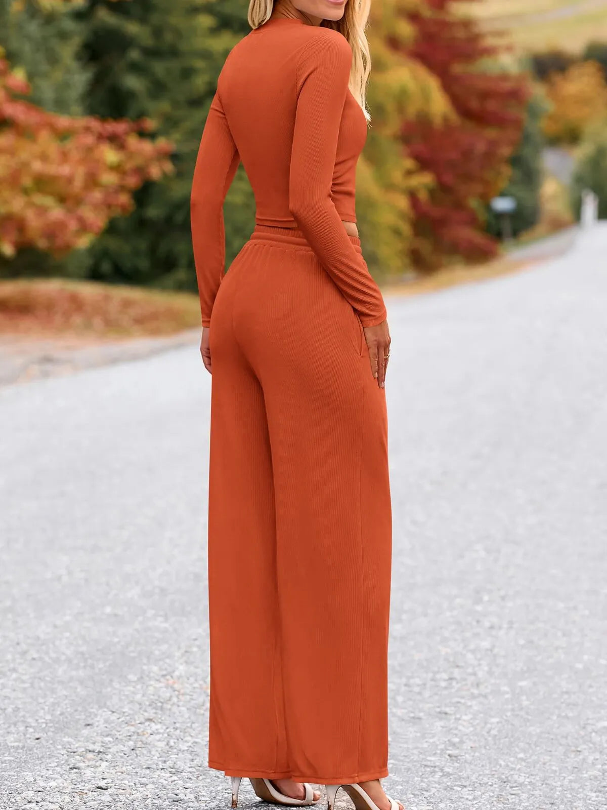 Solid Casual Round Neck Ribbed Knit Long Sleeve Crop T-shirt & Solid Wide Leg Pants, Matching Lounge Set Loungewear